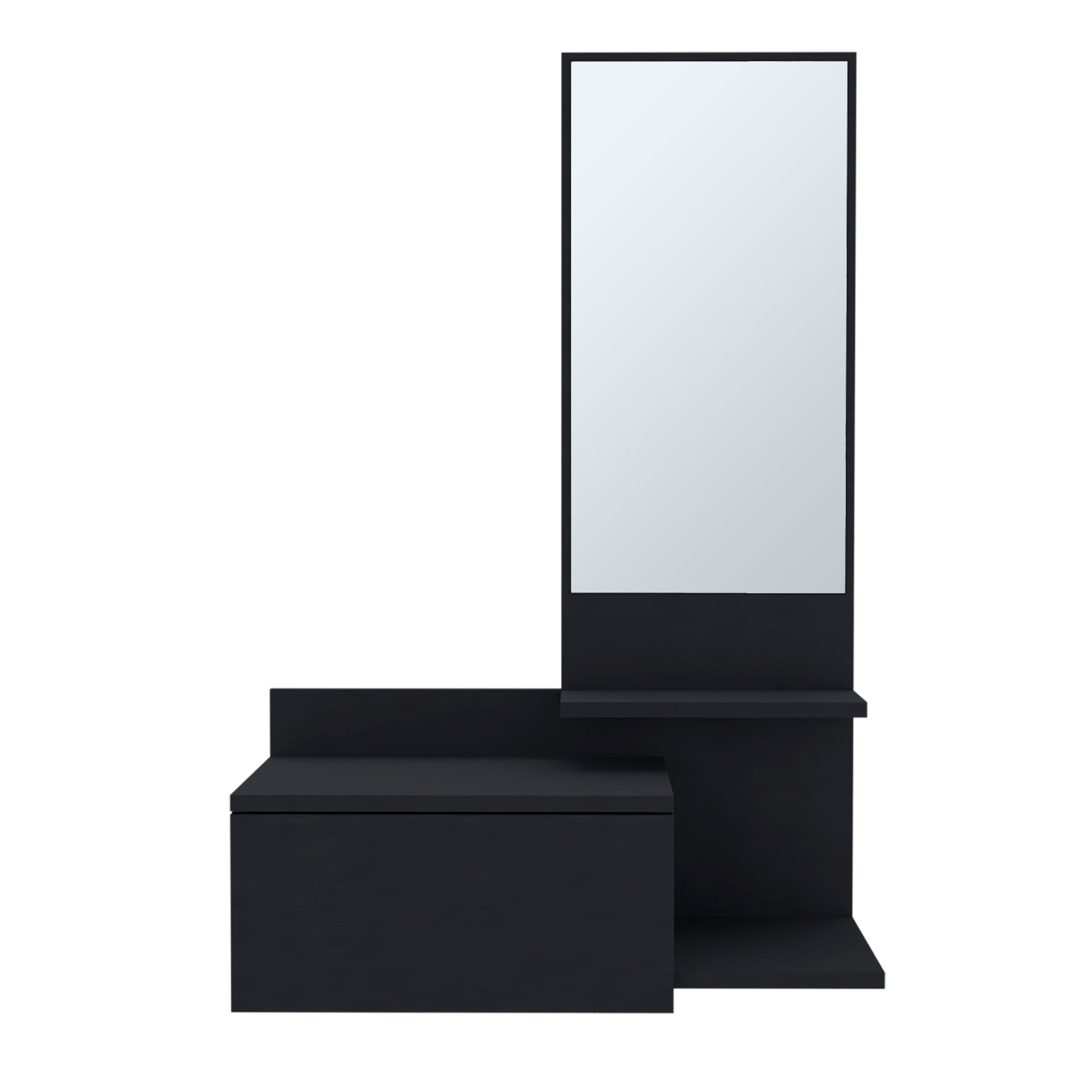 Modern black makeup vanity with a large mirror and storage bench for stylish beauty routines