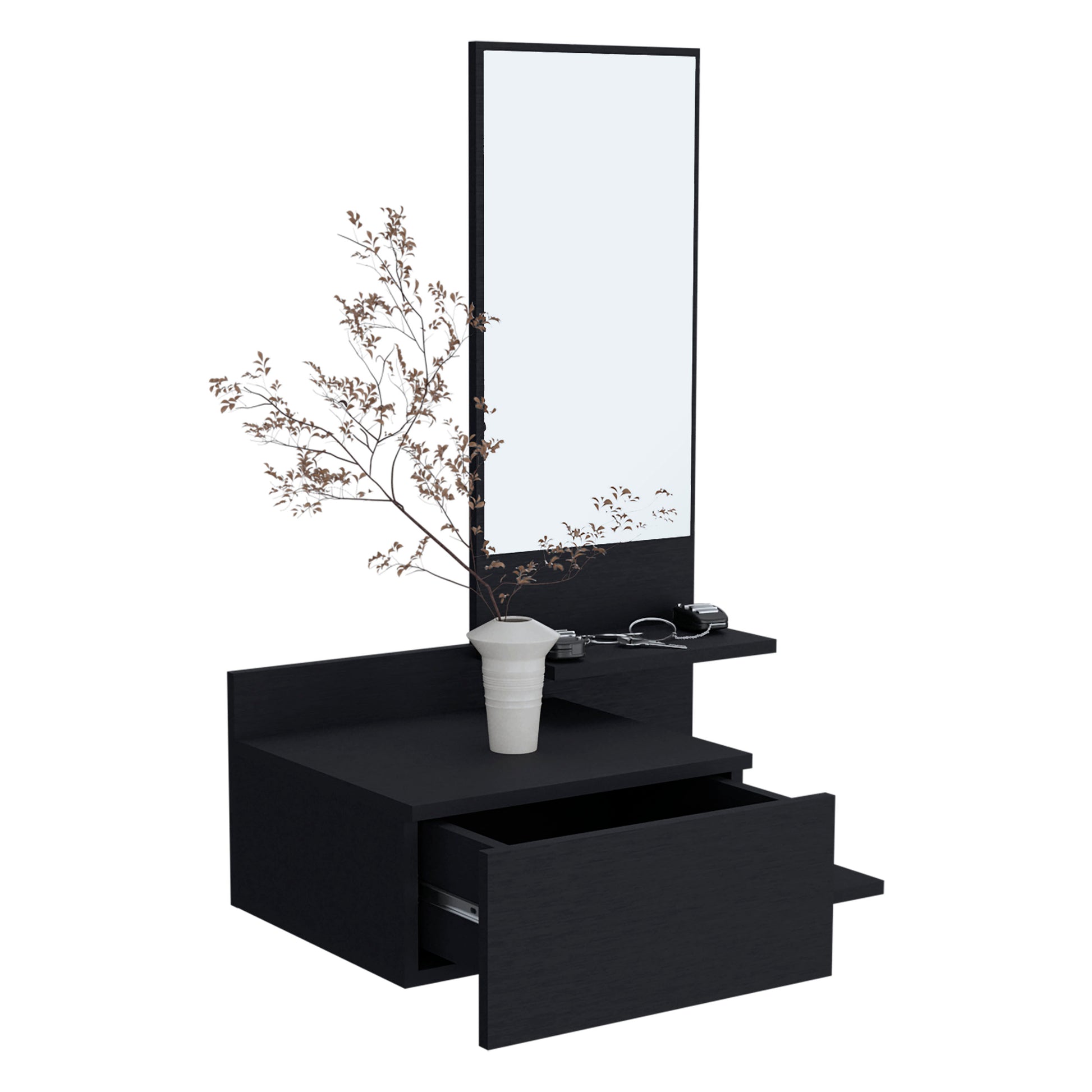 Black floating vanity with open drawer and wall mirror modern design
