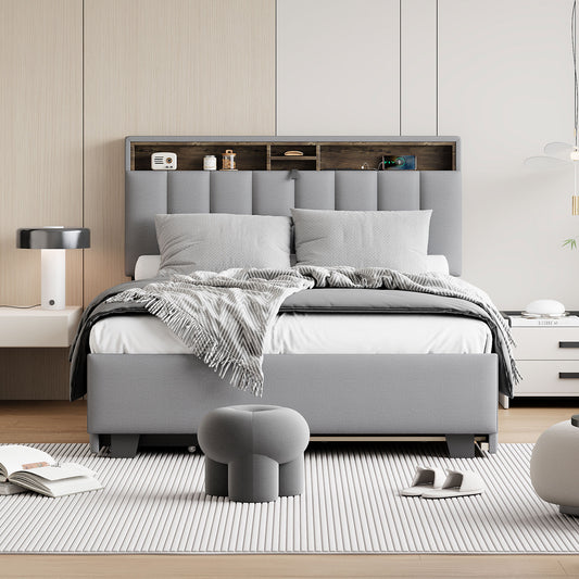 Grey fabric bed frame with integrated headboard shelves
