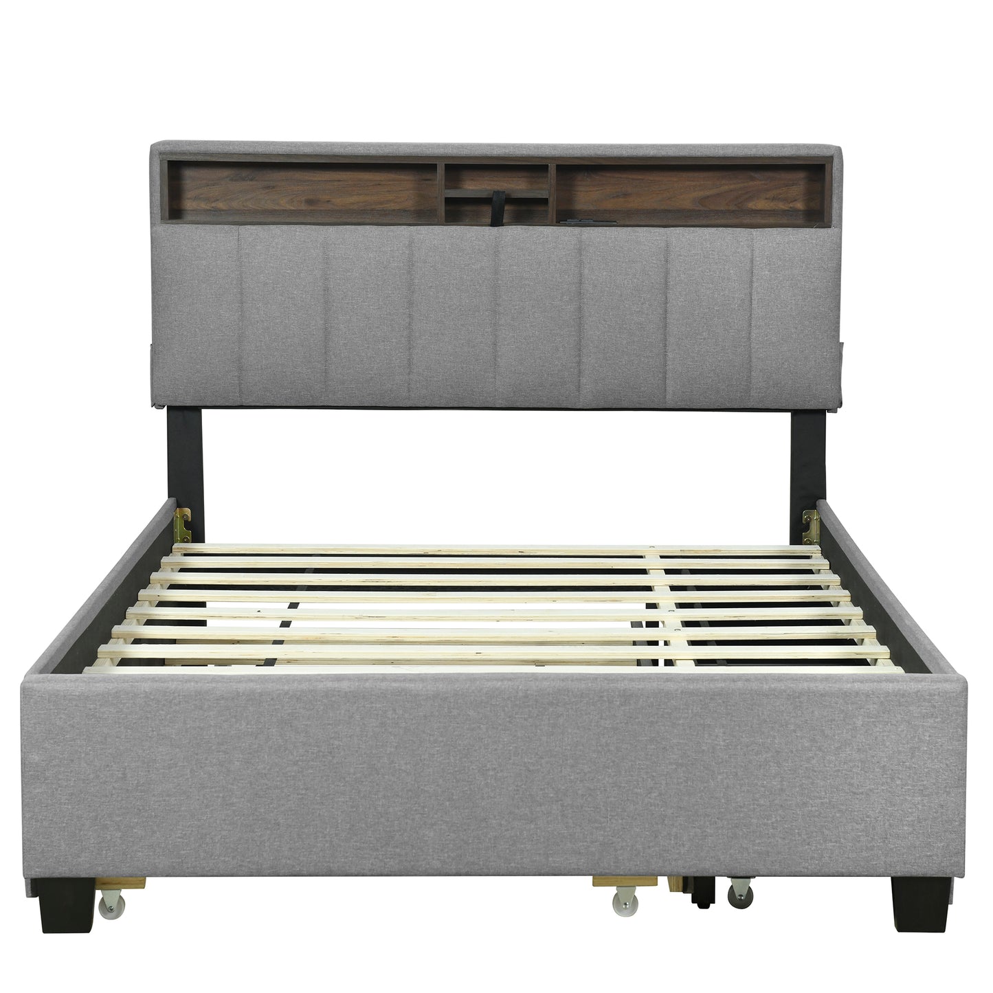 Grey upholstered queen bed frame with woodpaneled headboard shelves and rolling casters