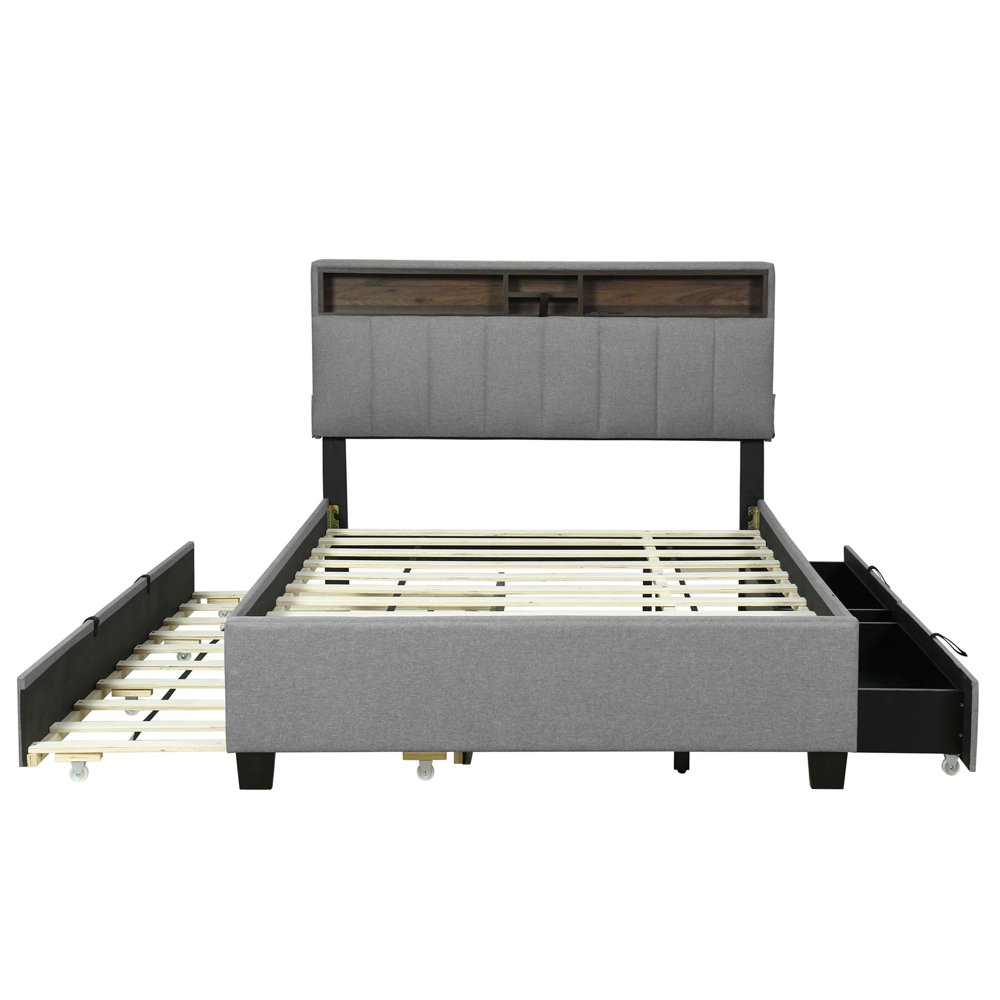 Gray upholstered bed frame with headboard storage and pullout drawers