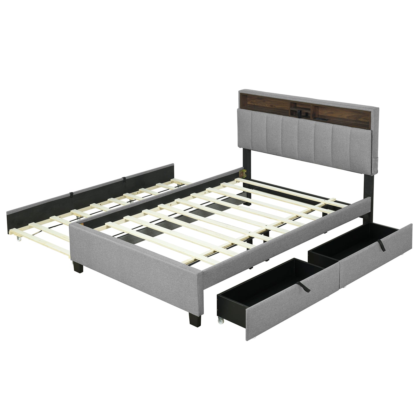 Gray upholstered bed frame with wooden headboard and two pullout drawers