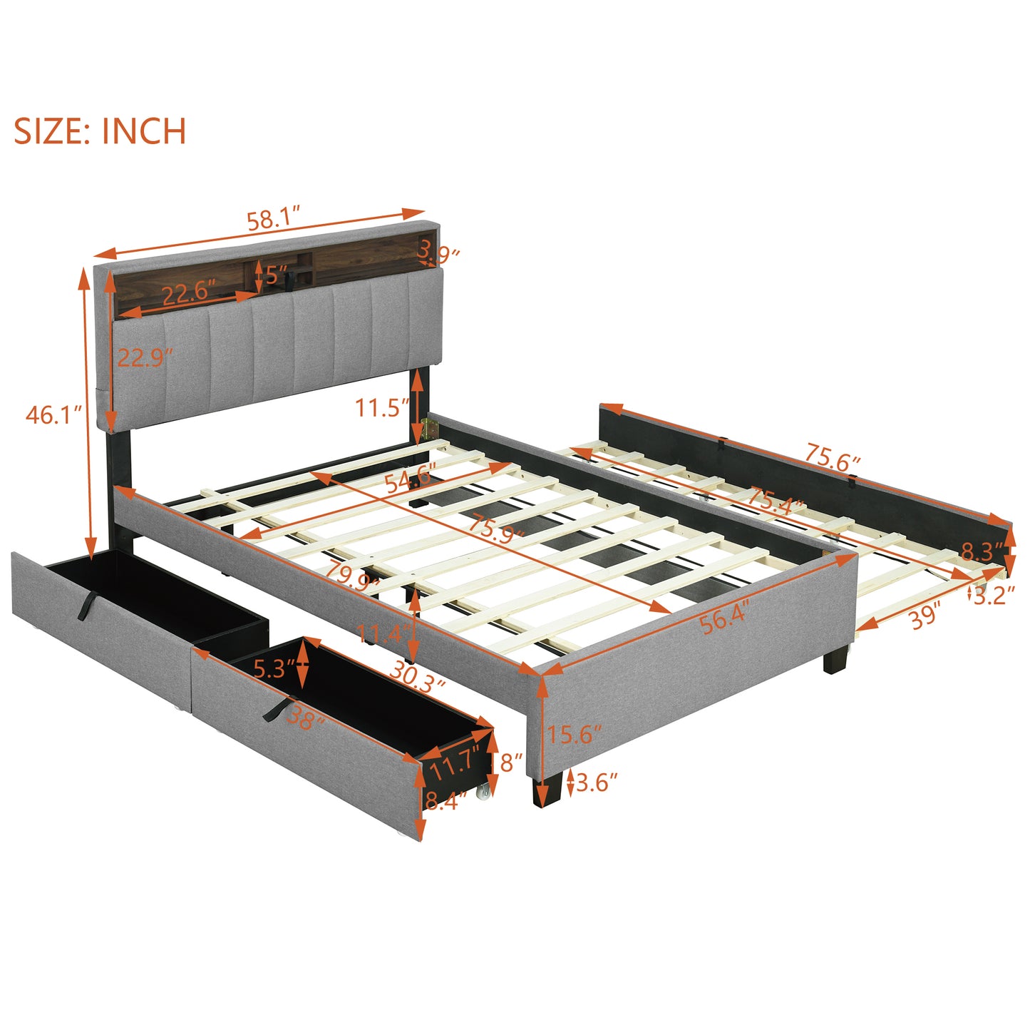 Grey upholstered platform bed frame with builtin drawers and headboard shelf
