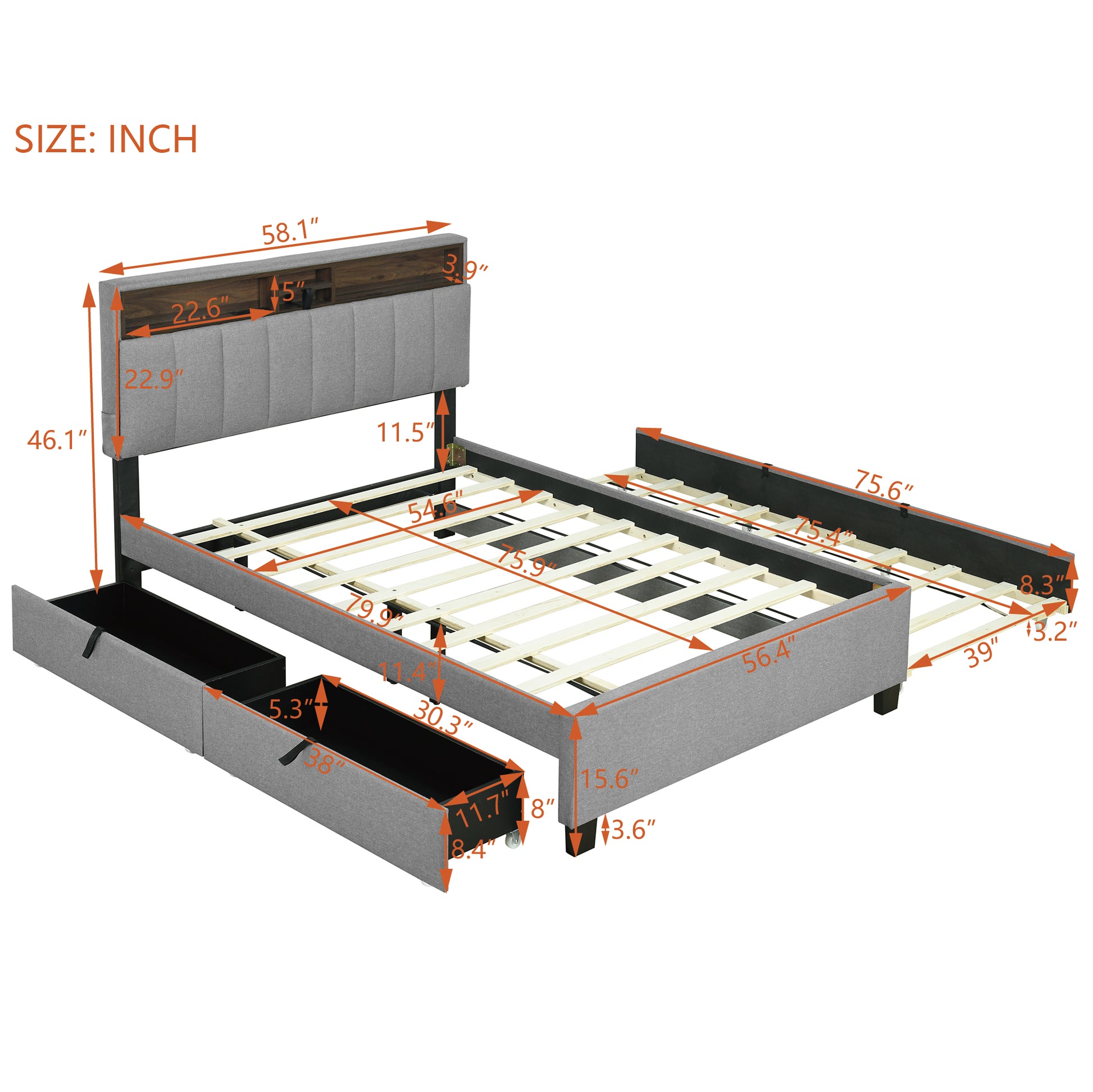 Grey upholstered platform bed frame with builtin drawers and headboard shelf