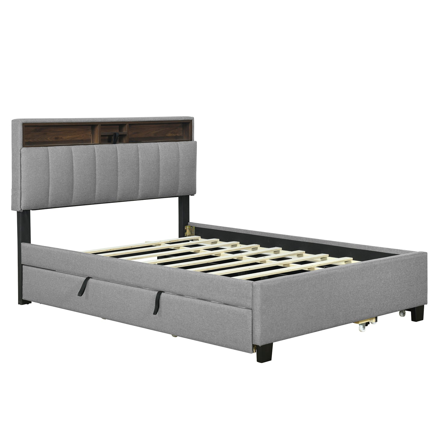Grey fabric bed frame with bookcase headboard and storage drawers