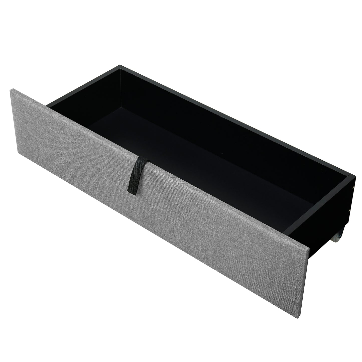 Gray fabric underbed storage drawer with black interior and handle