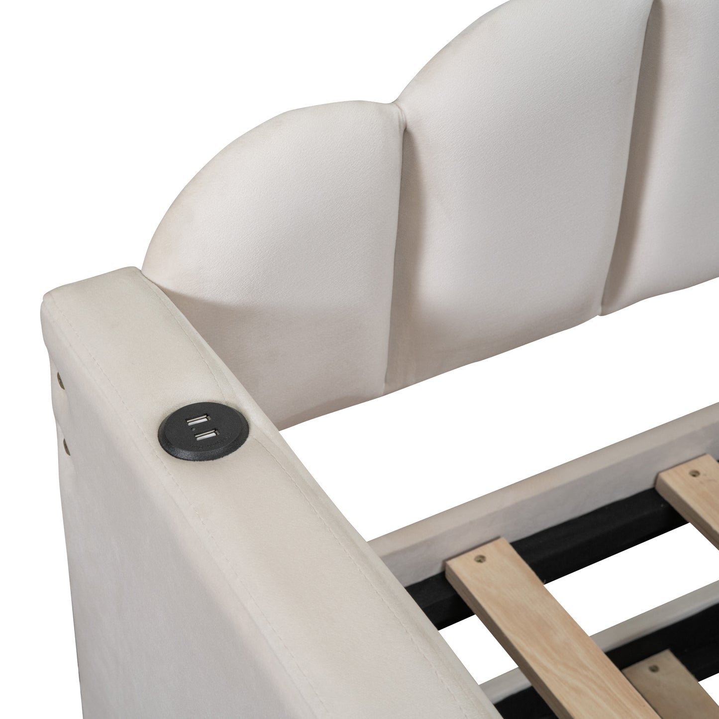 Upholstered cream bed frame with integrated USB charging ports and plush headboard detail