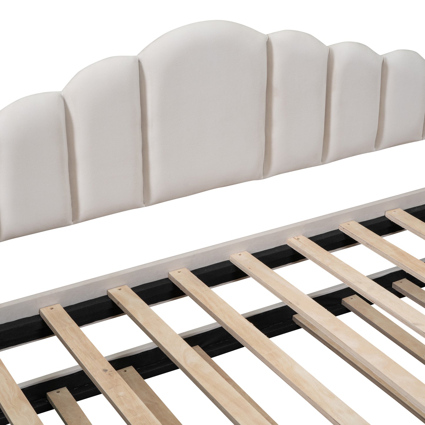 Elegant white upholstered bed frame with a scalloped headboard and wooden slats for mattress support