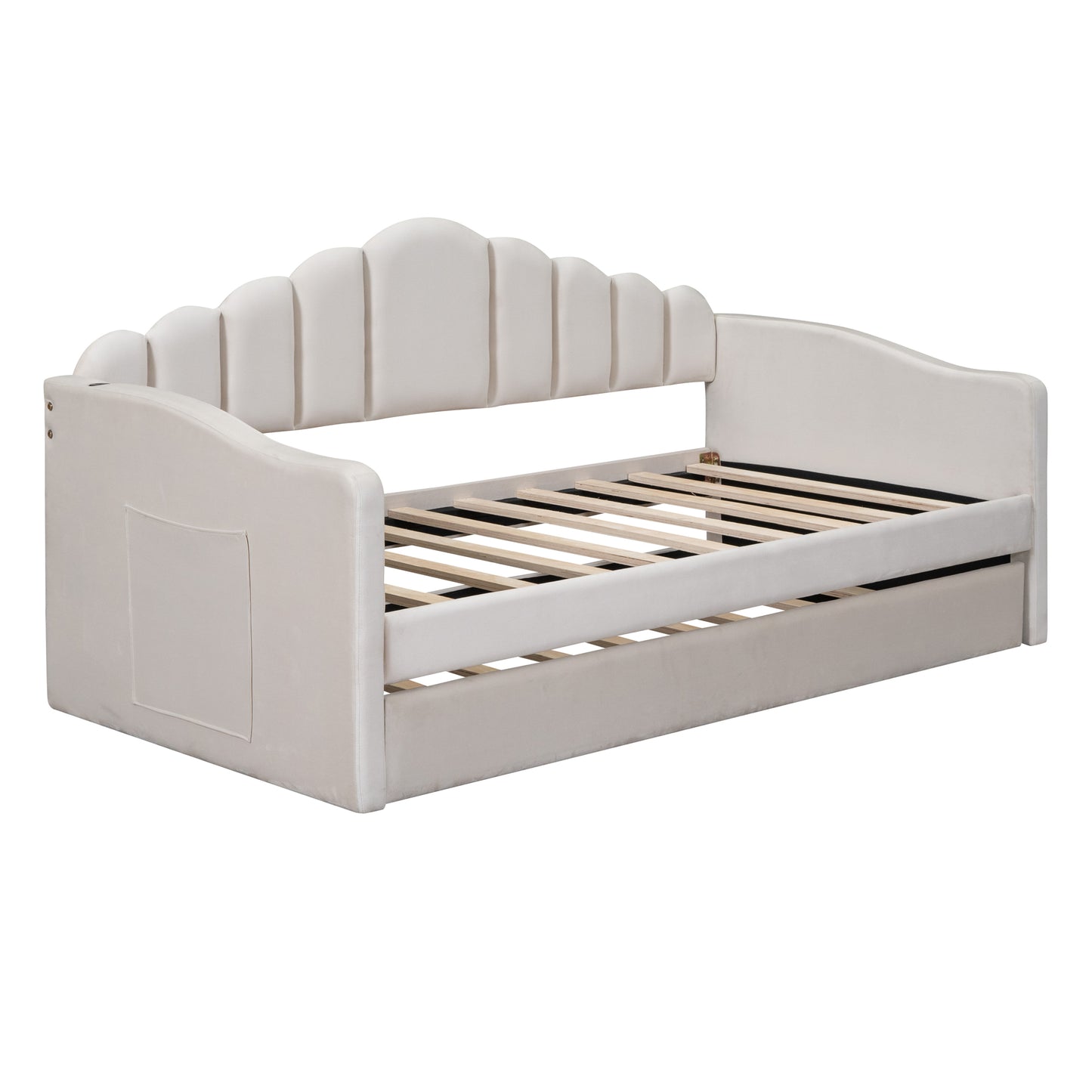 Cream velvet daybed with scalloped headboard and side pocket