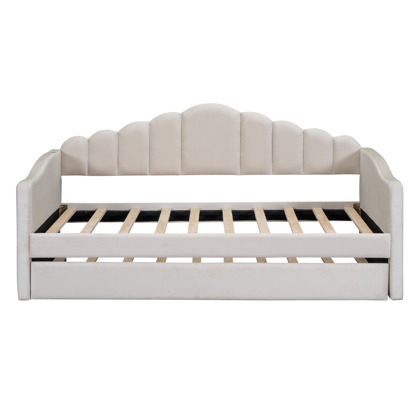 Cream velvet daybed with scallop headboard and wooden slats for mattress support