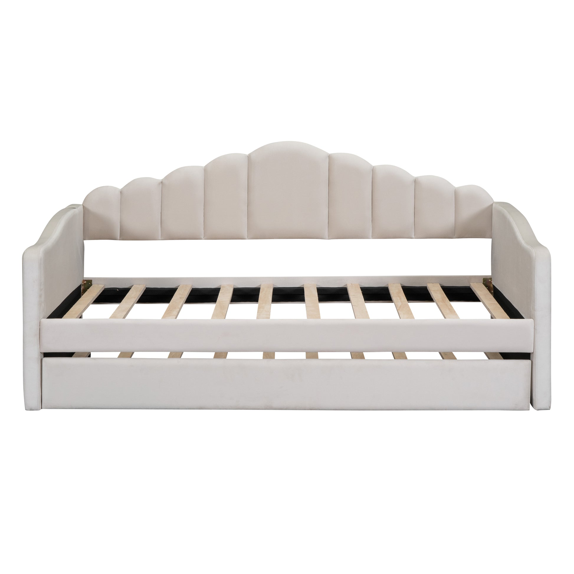 Cream velvet daybed with scallop headboard and wooden slats for mattress support