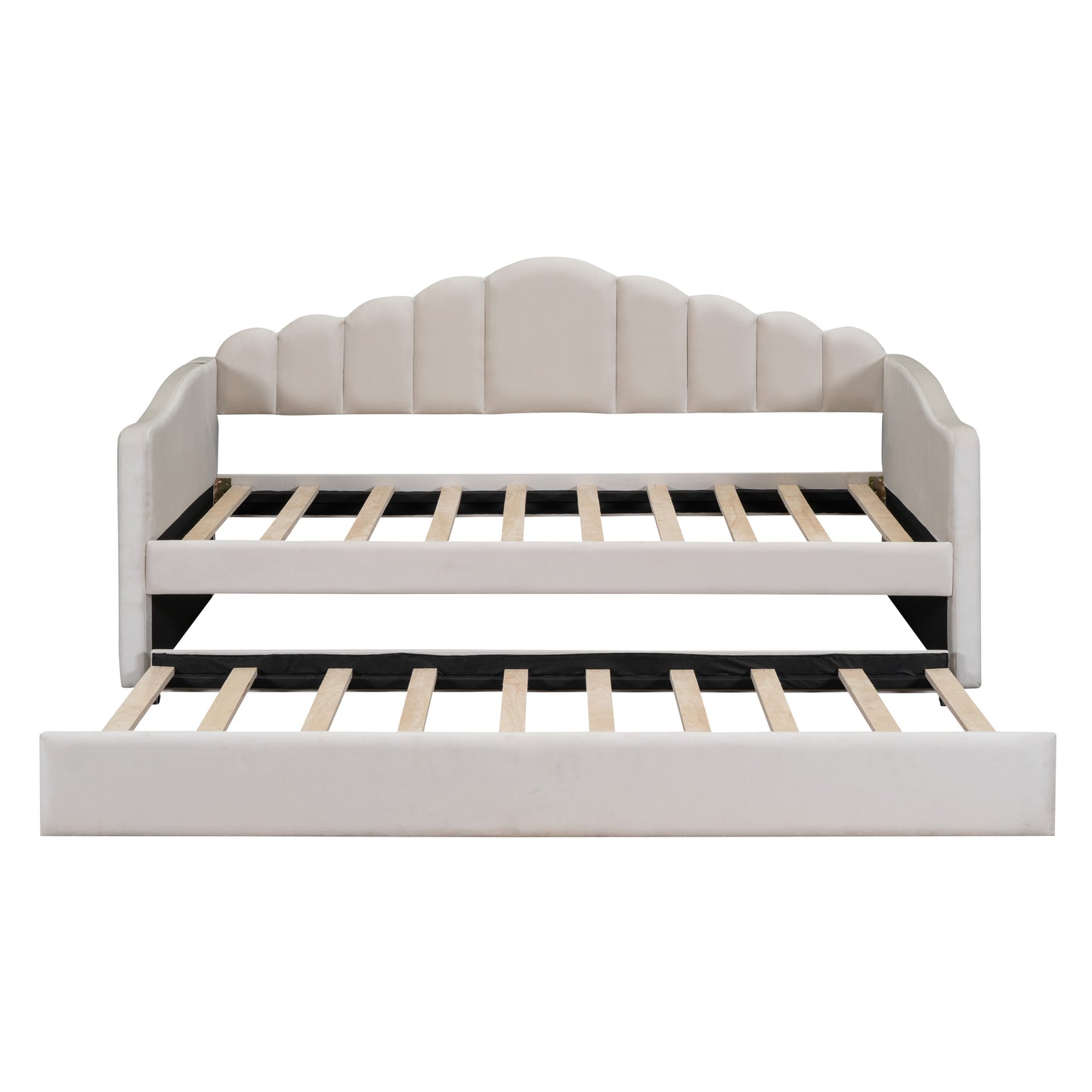Beige upholstered daybed with trundle and scalloped headboard