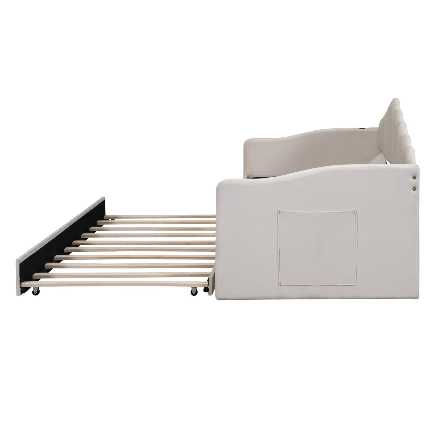 Beige velvet daybed with pullout trundle featuring a tufted backrest