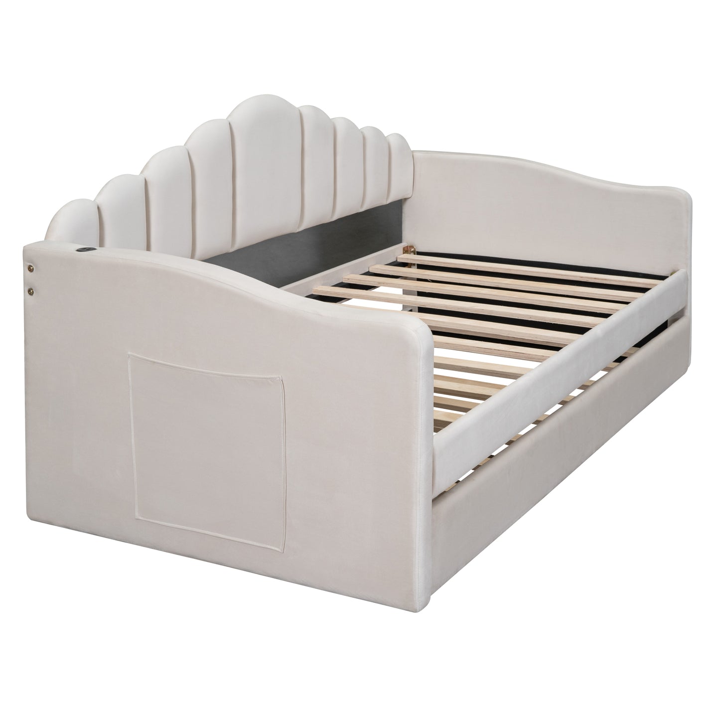 Cream velvet daybed with scalloped headboard and integrated side pocket