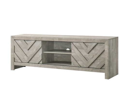 TREATLIFE HOME Transitional TV Stand with Sliding Doors and Open Shelving, Wood Print Design, Antique White Finish