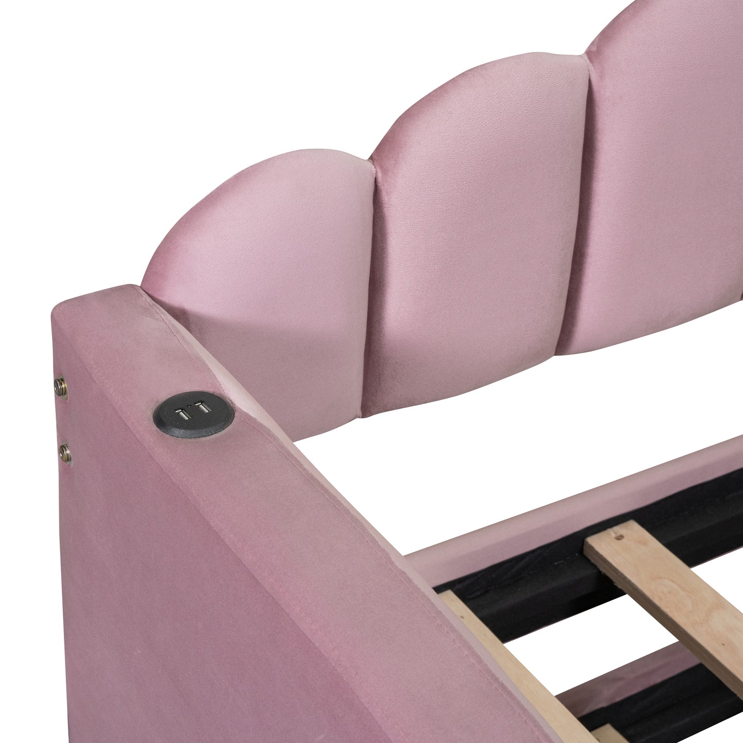 Pink velvet upholstered bed frame with builtin USB ports