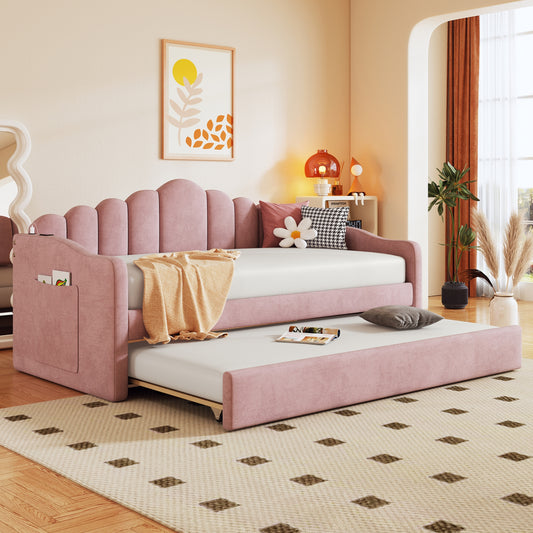 Pink velvet daybed with pullout trundle