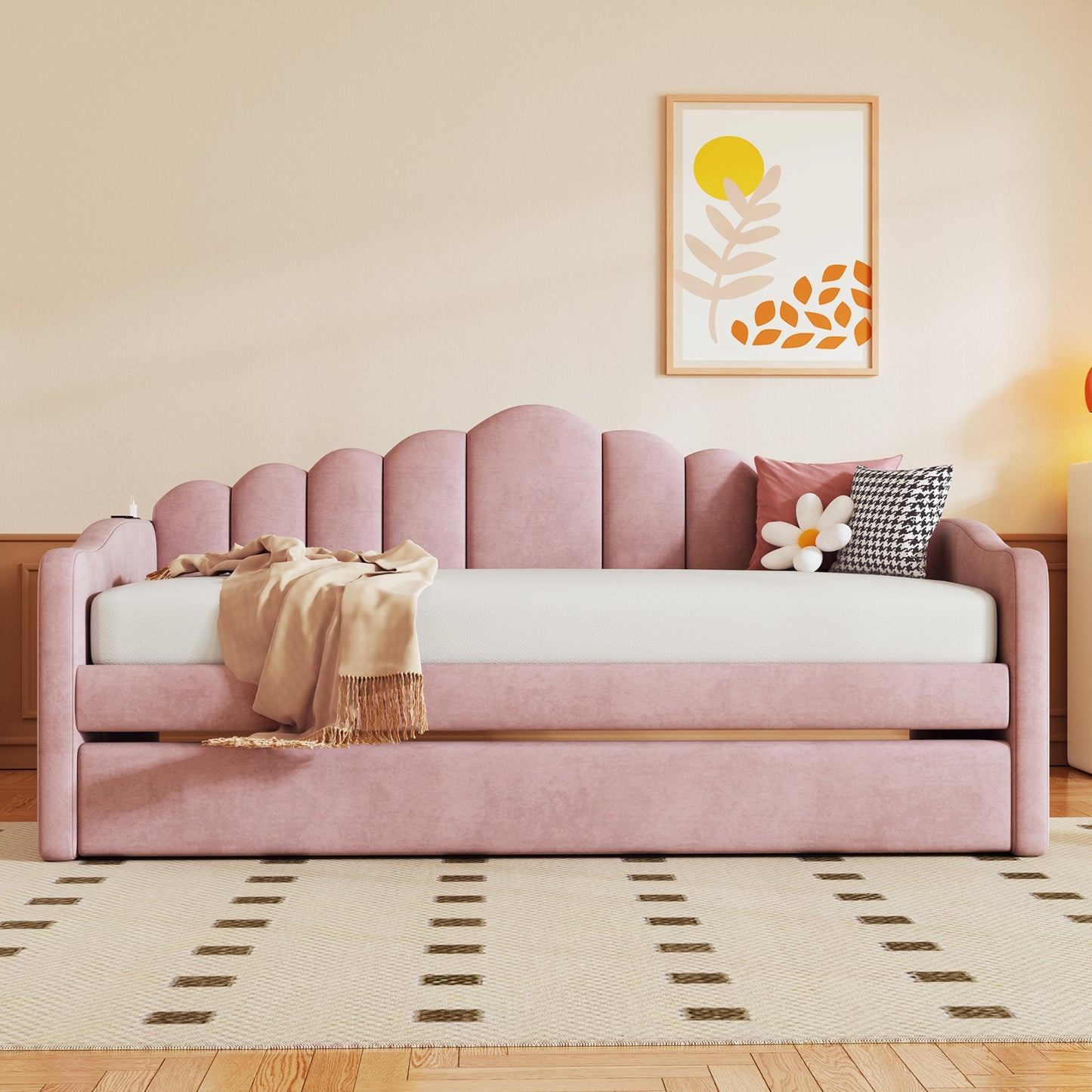 Pink velvet daybed with scallop headboard and white mattress