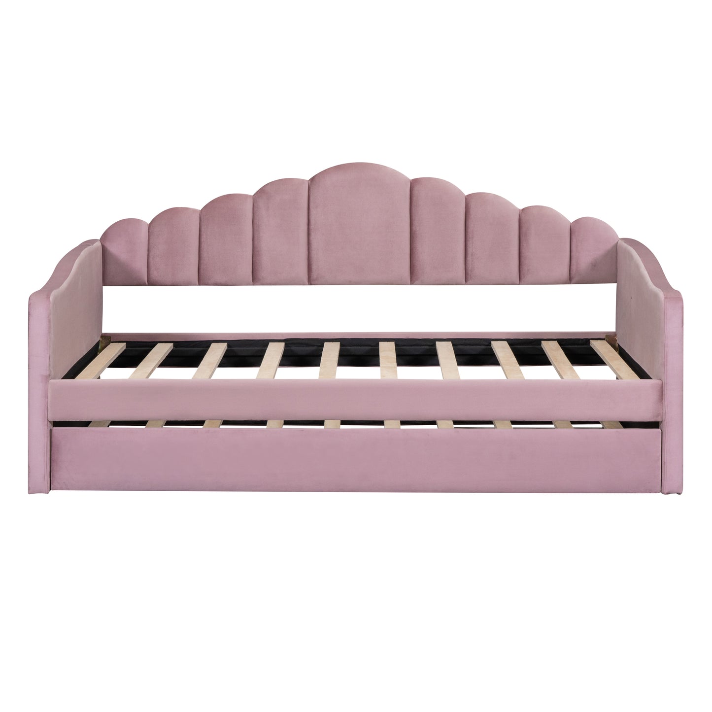 Pink velvet daybed with scalloped headboard and slat support