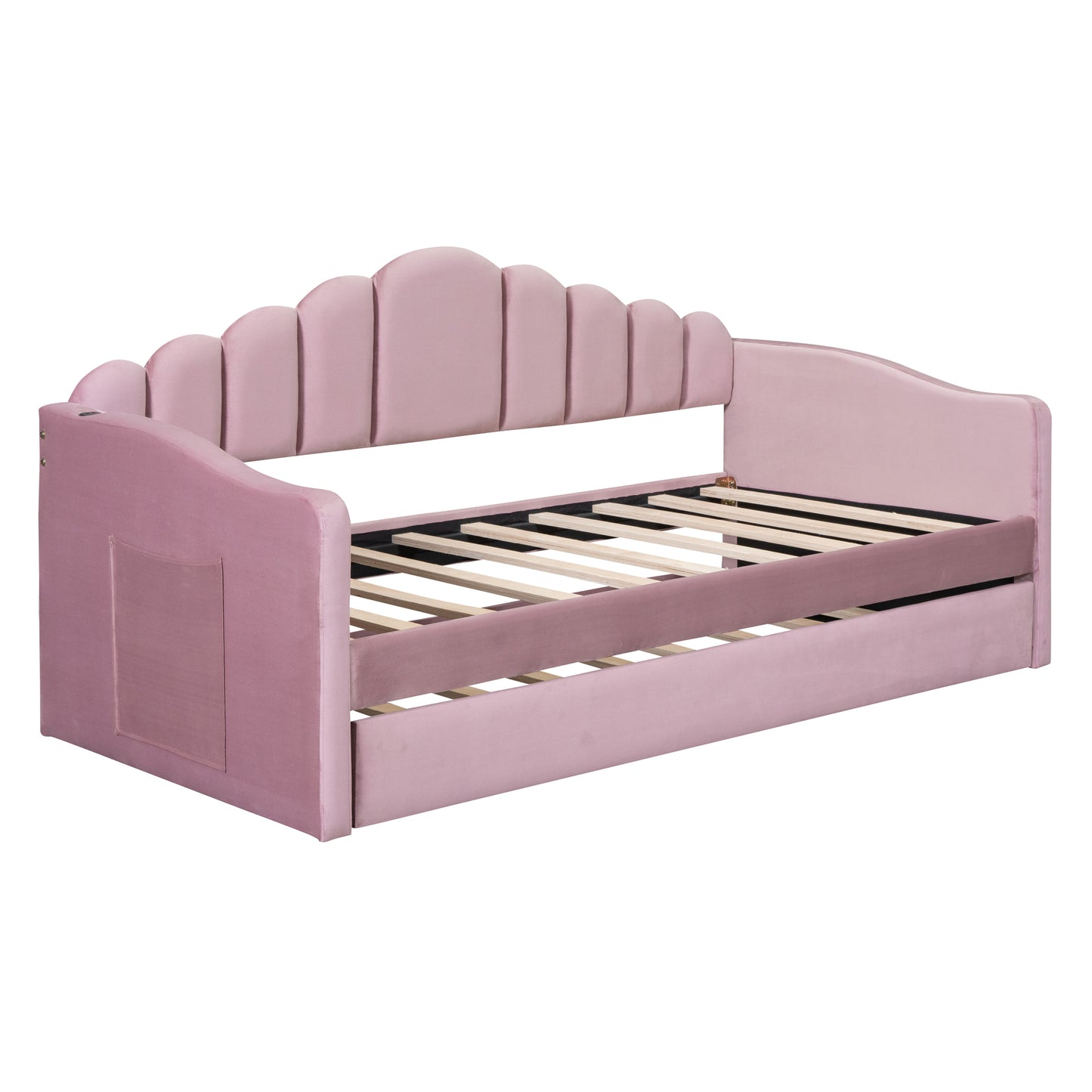 Pink velvet daybed with scallop headboard and storage pocket