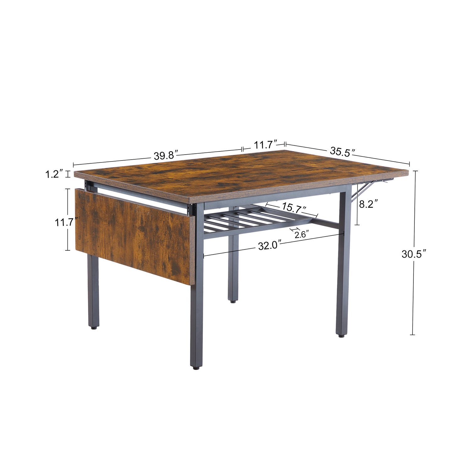 Rustic brown dropleaf dining table with metal frame