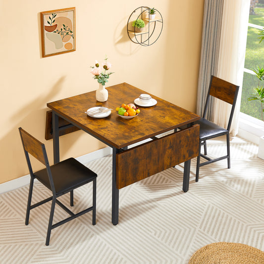 Rustic brown dropleaf dining table with black metal frame and two chairs