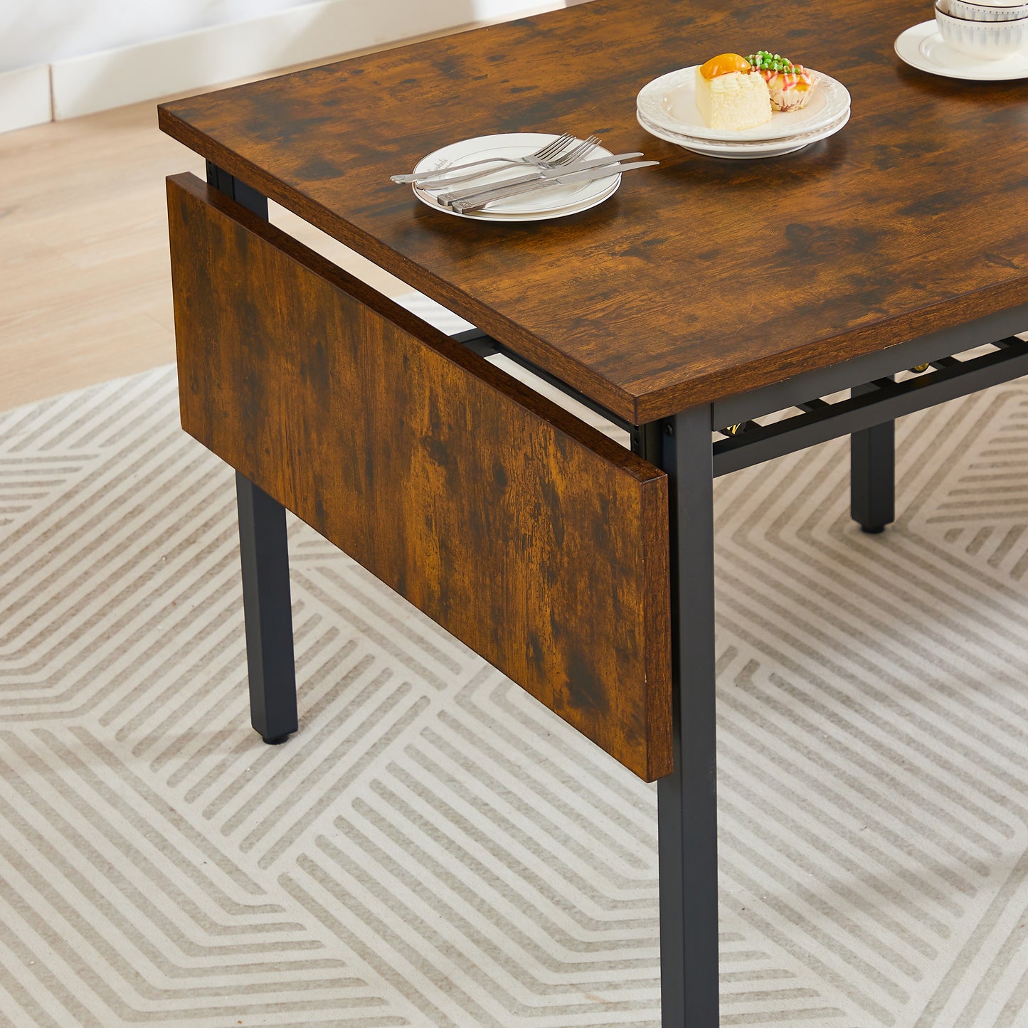 Rustic brown dining table with dropleaf extensions