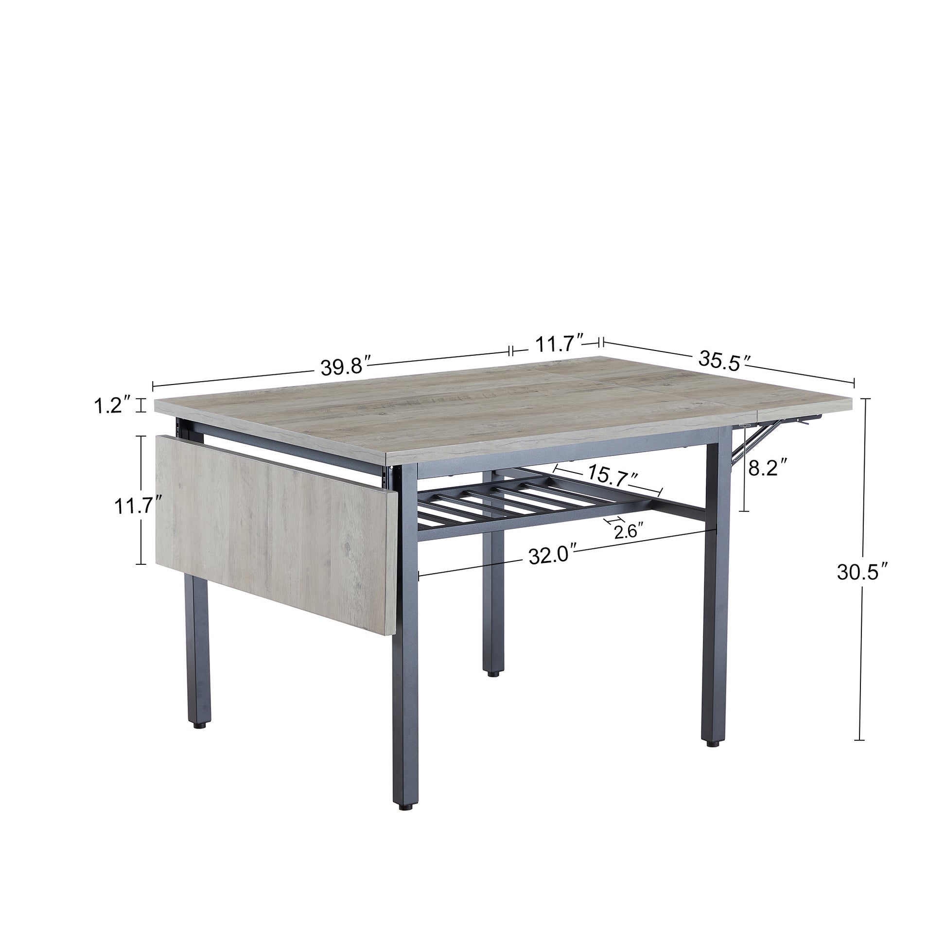 Gray wood drop leaf dining table with metal frame and integrated shelf