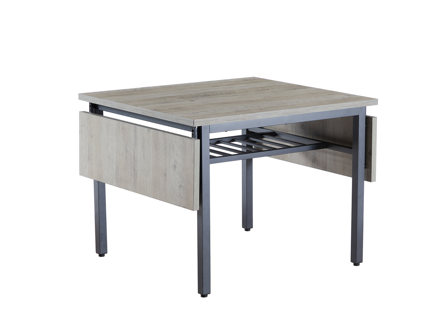 Gray wood drop leaf dining table with dark metal frame