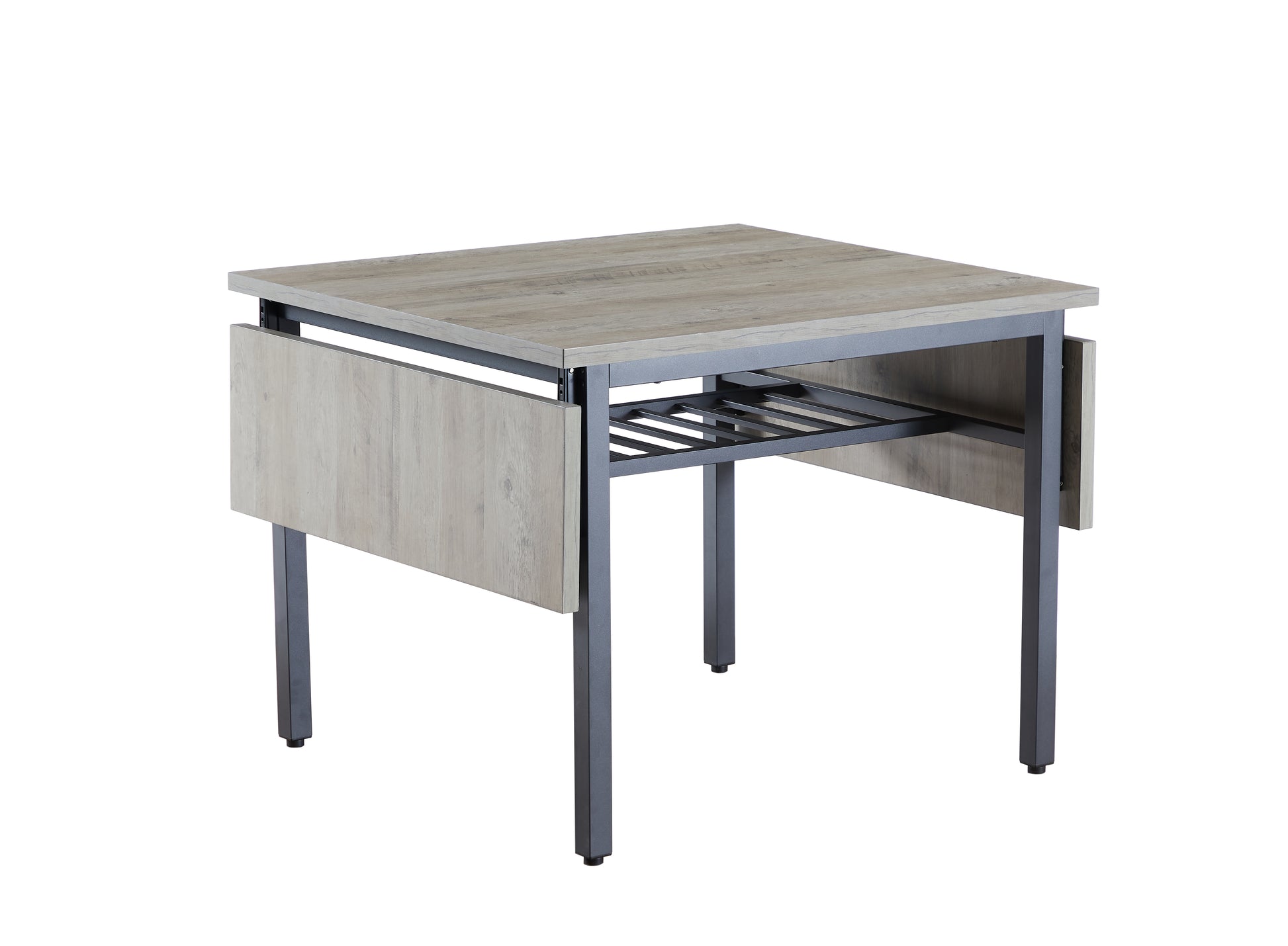 Gray wood drop leaf dining table with dark metal frame