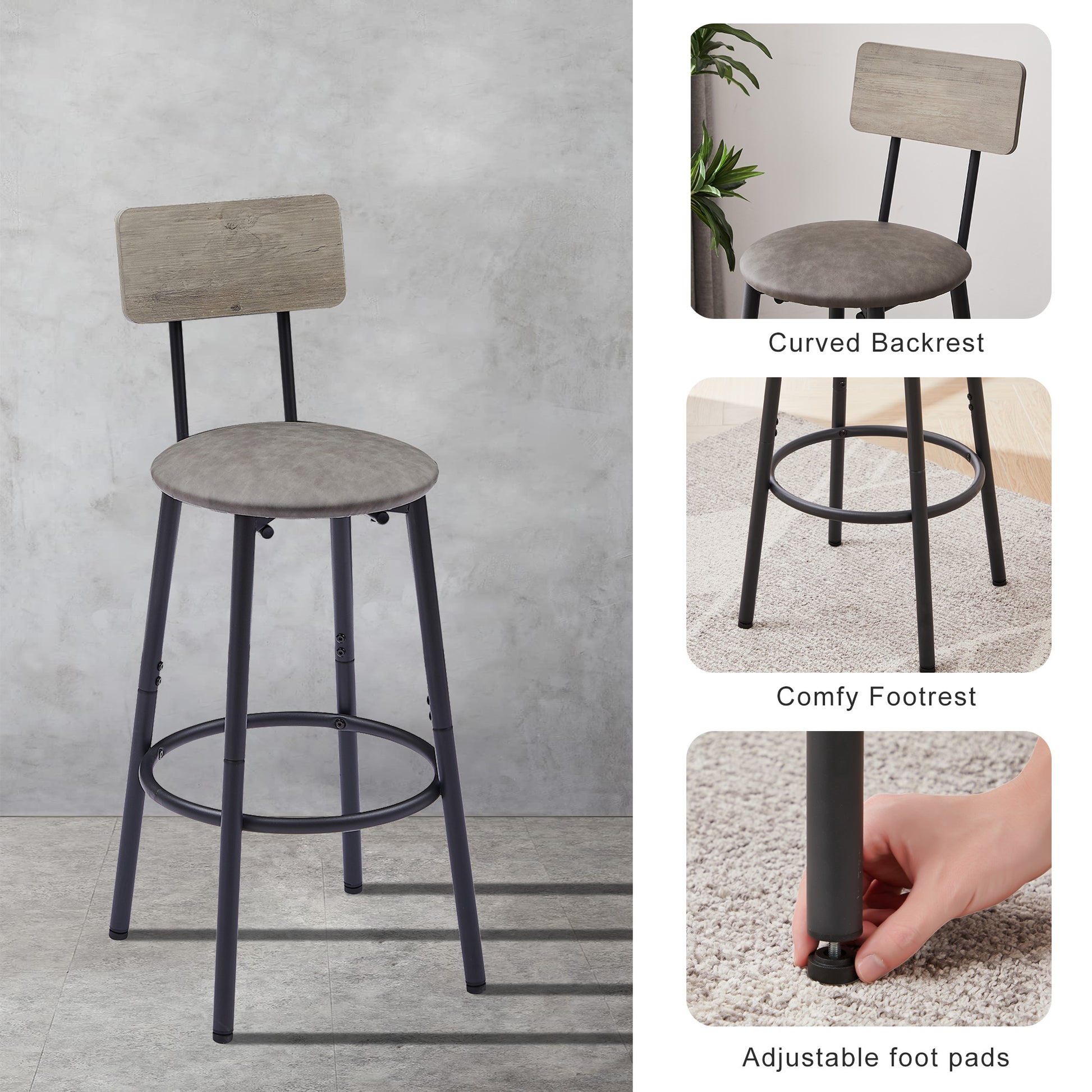 Grey faux leather and wood industrial bar stool with footrest