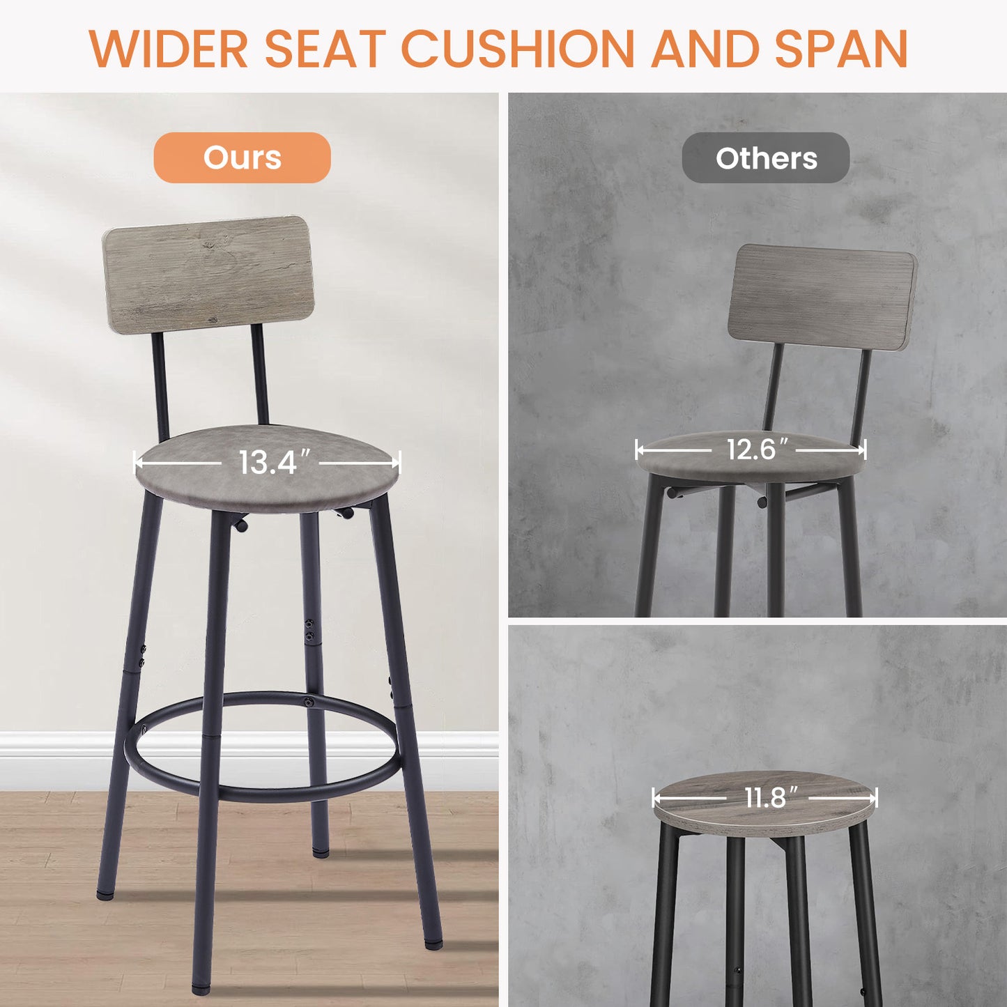 Gray upholstered bar stool with distressed wood backrest and  seat