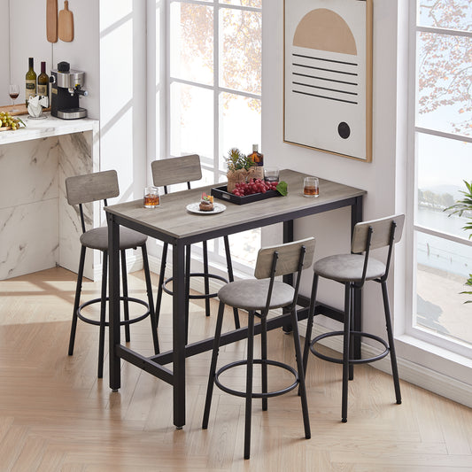 Rustic wood finish bar table with four grey upholstered stools
