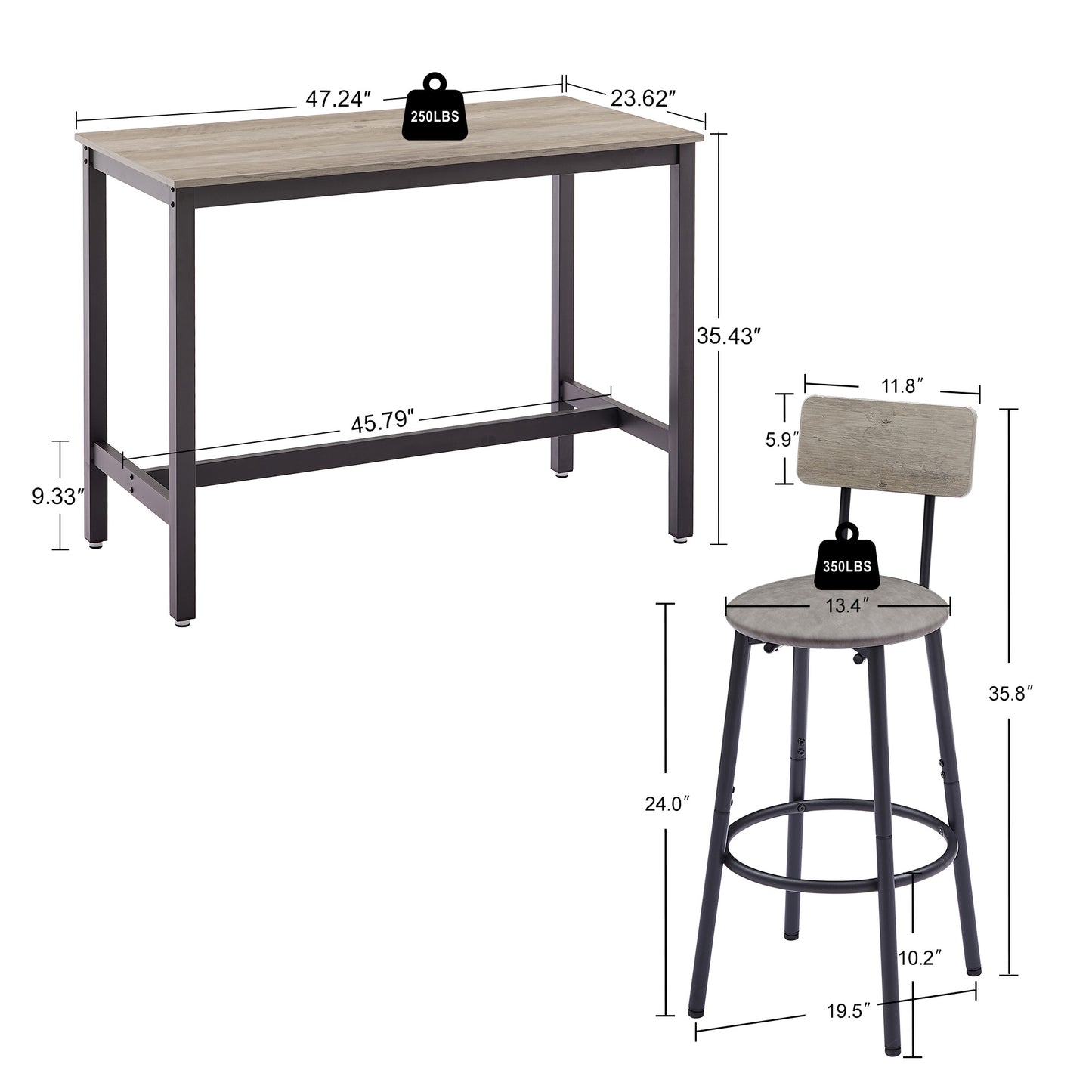Rustic oak finish bar table with black metal frame