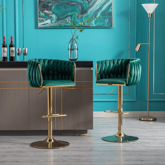 Emerald green velvet bar stool with tufted diamond pattern and gold accents