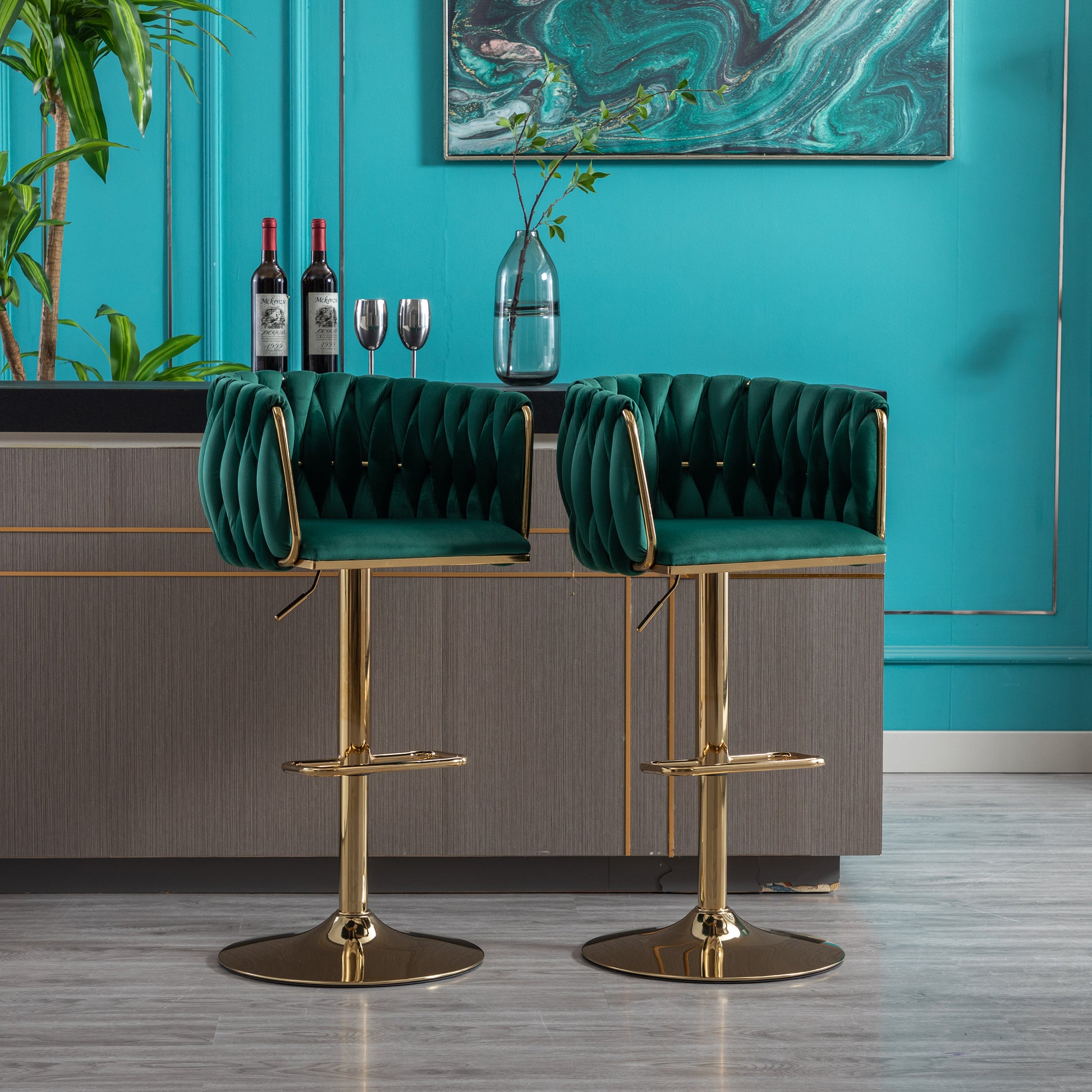 Emerald green velvet tufted bar stool with gold adjustable base