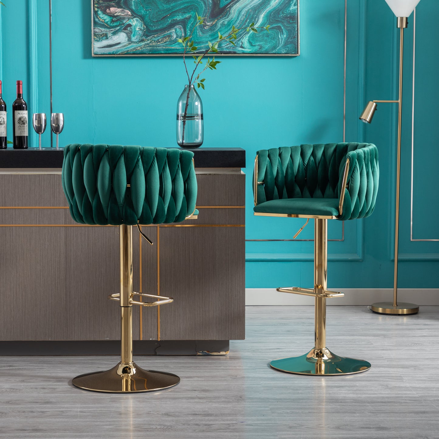 Emerald green velvet bar stool with gold accents and adjustable height