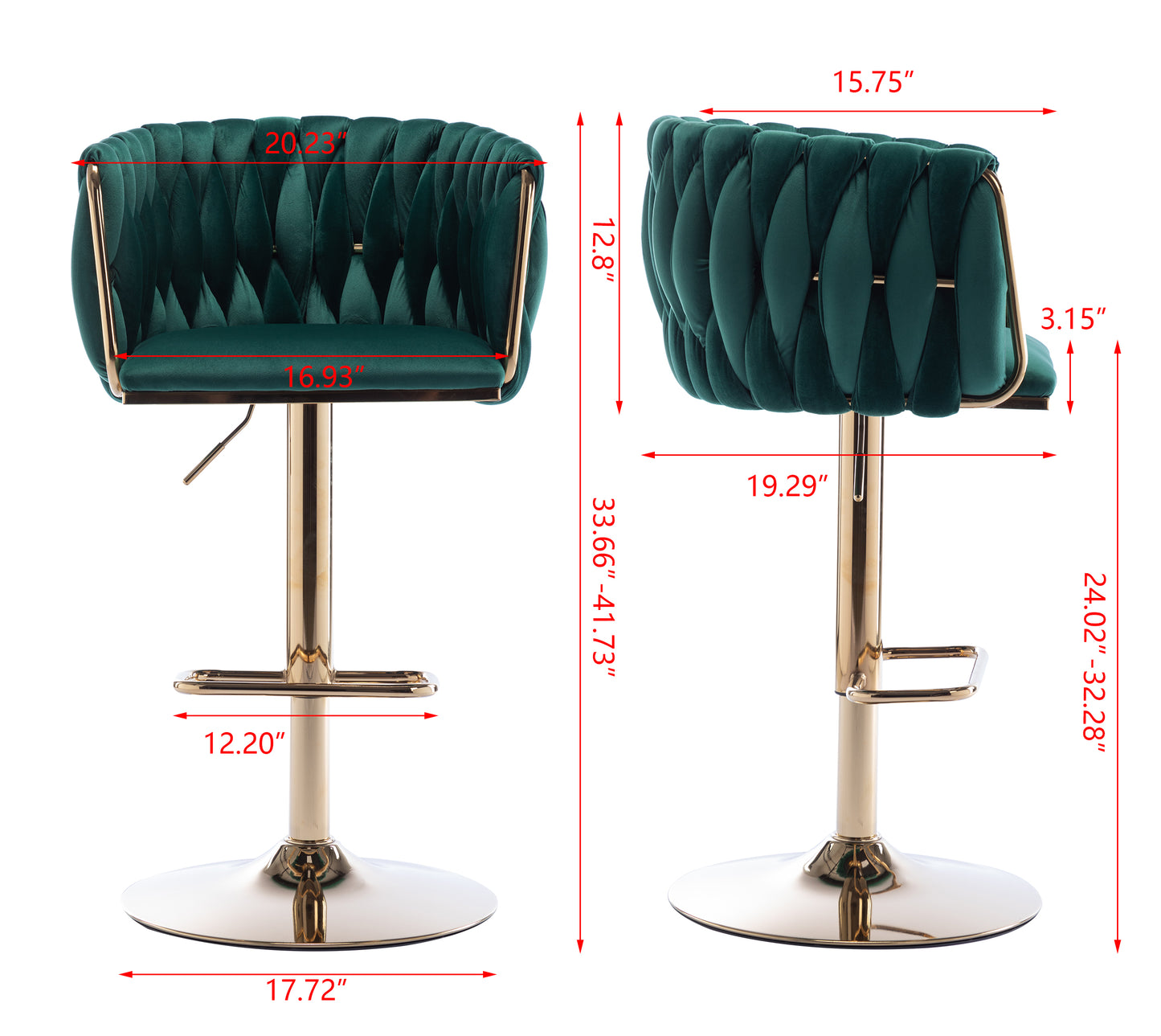 Adjustable emerald velvet bar stool with tufted diamond design and gold base