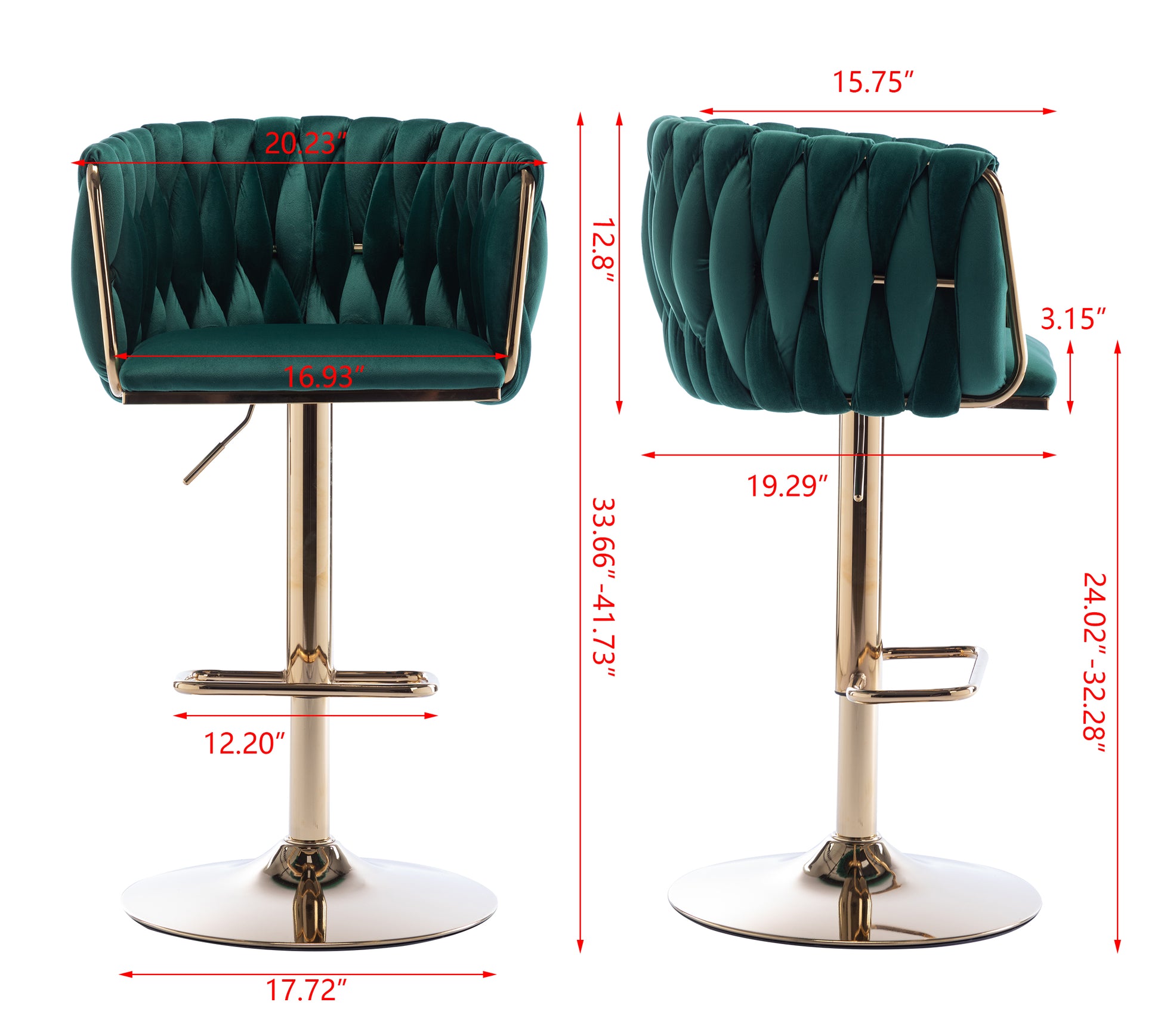 Adjustable emerald velvet bar stool with tufted diamond design and gold base