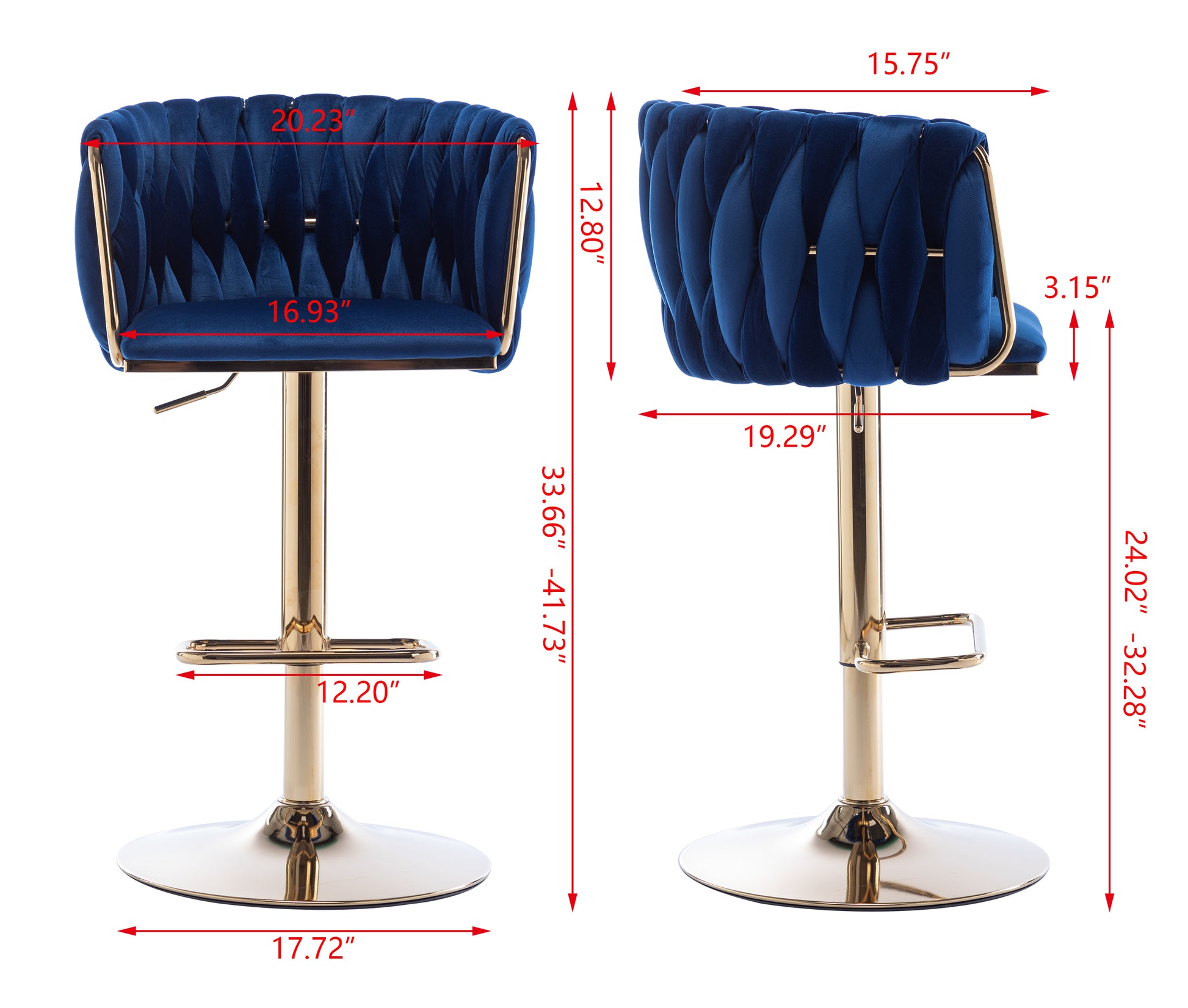 Adjustable blue velvet bar stool with gold base and tufted back