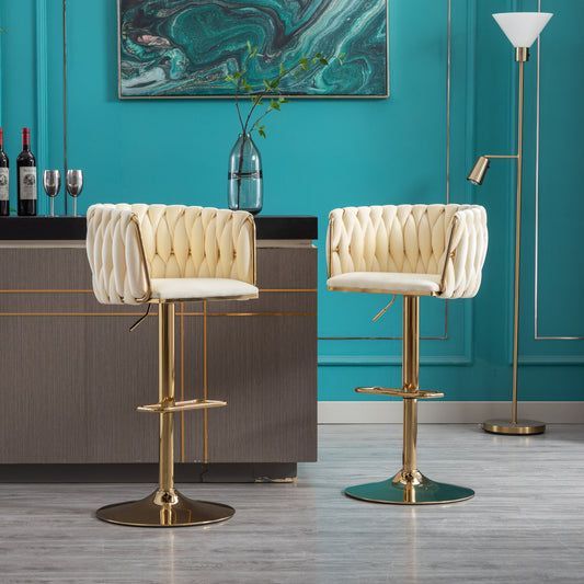 Cream velvet bar stool with tufted back and gold pedestal base
