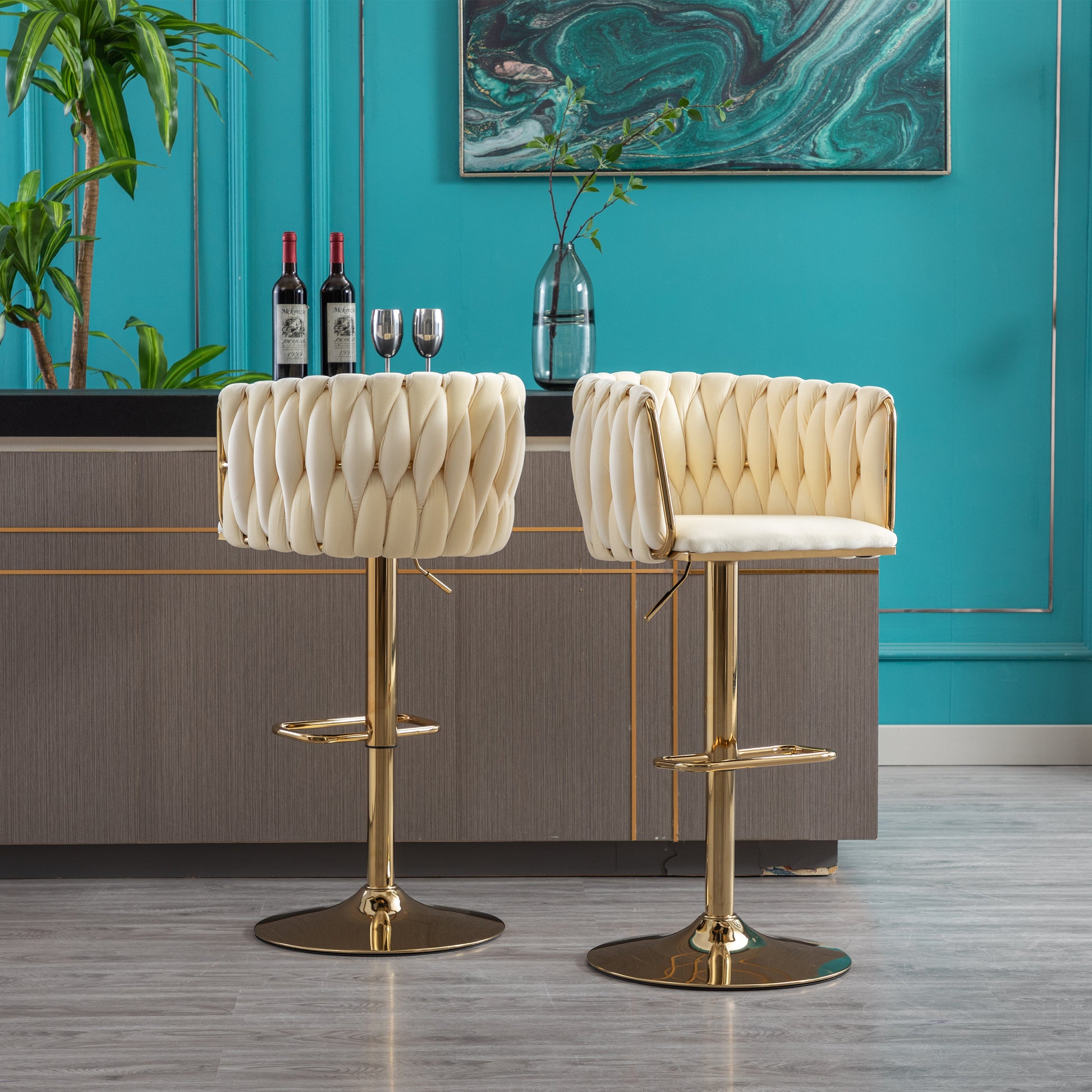 Cream velvet tufted bar stool with gold adjustable base
