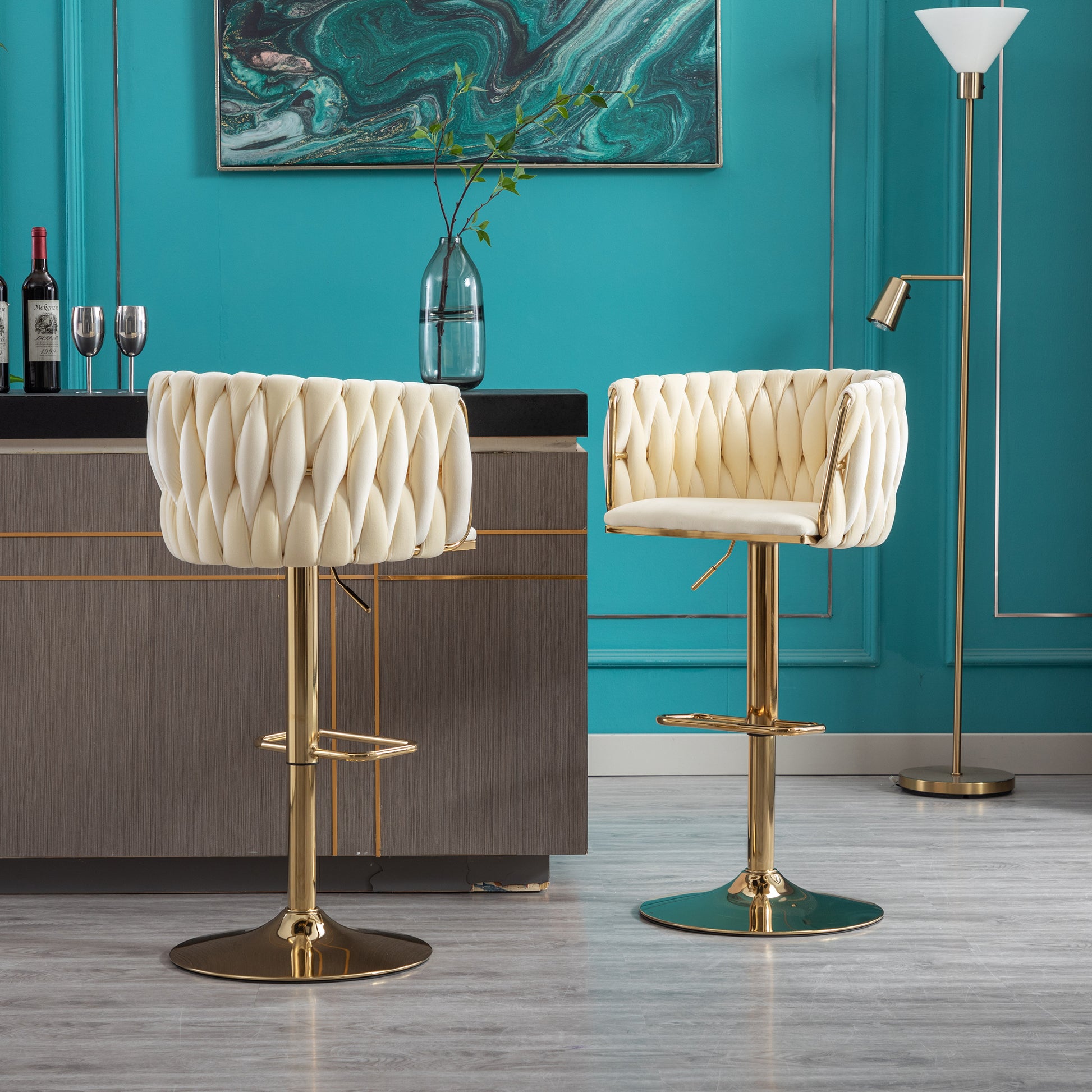 Cream velvet tufted bar stool with adjustable height and gold base