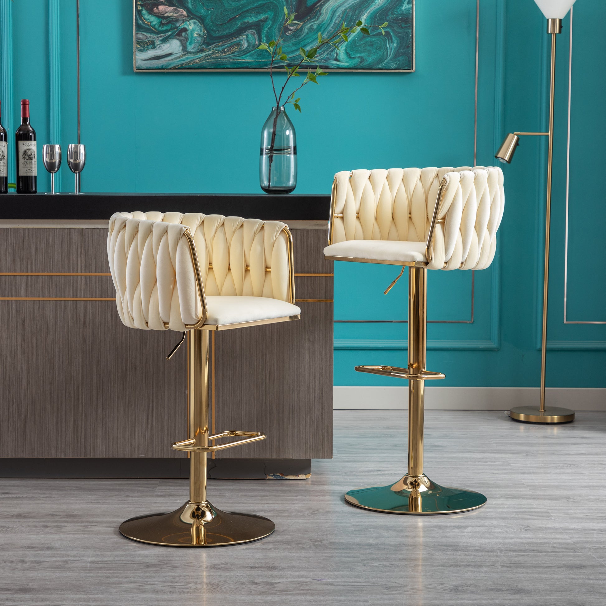 Cream velvet tufted bar stool with gold base