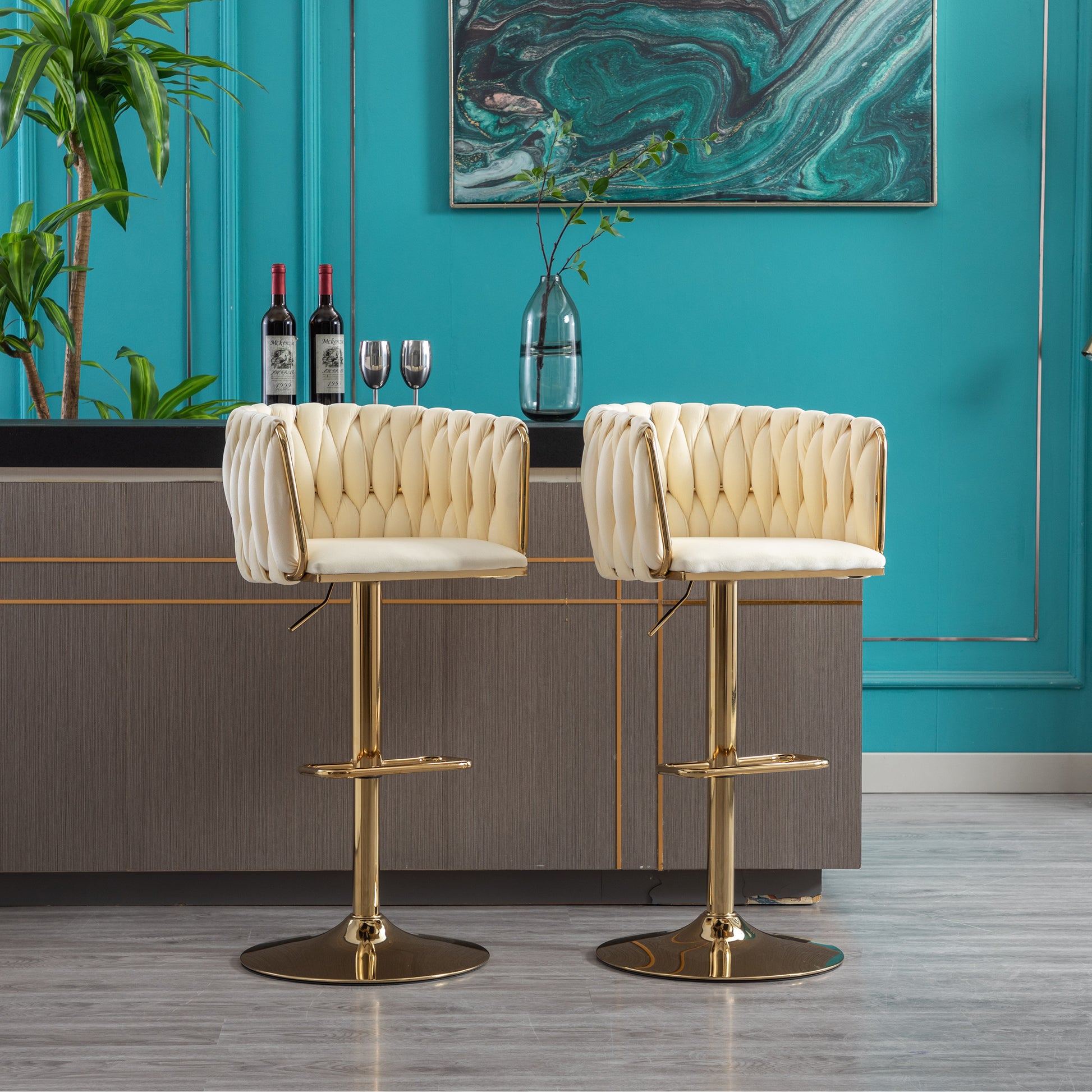 Cream velvet tufted bar stool with gold adjustable base