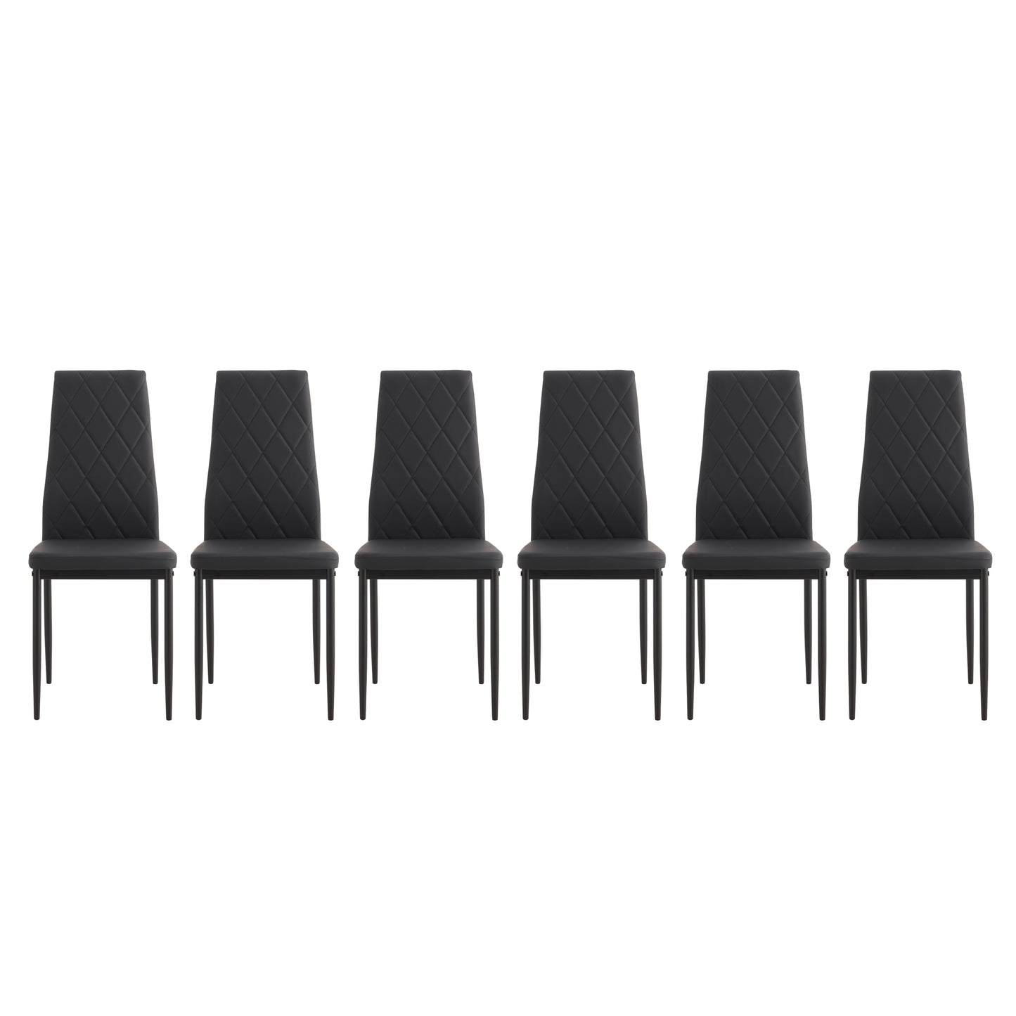 Six black quilted dining chairs with metal legs