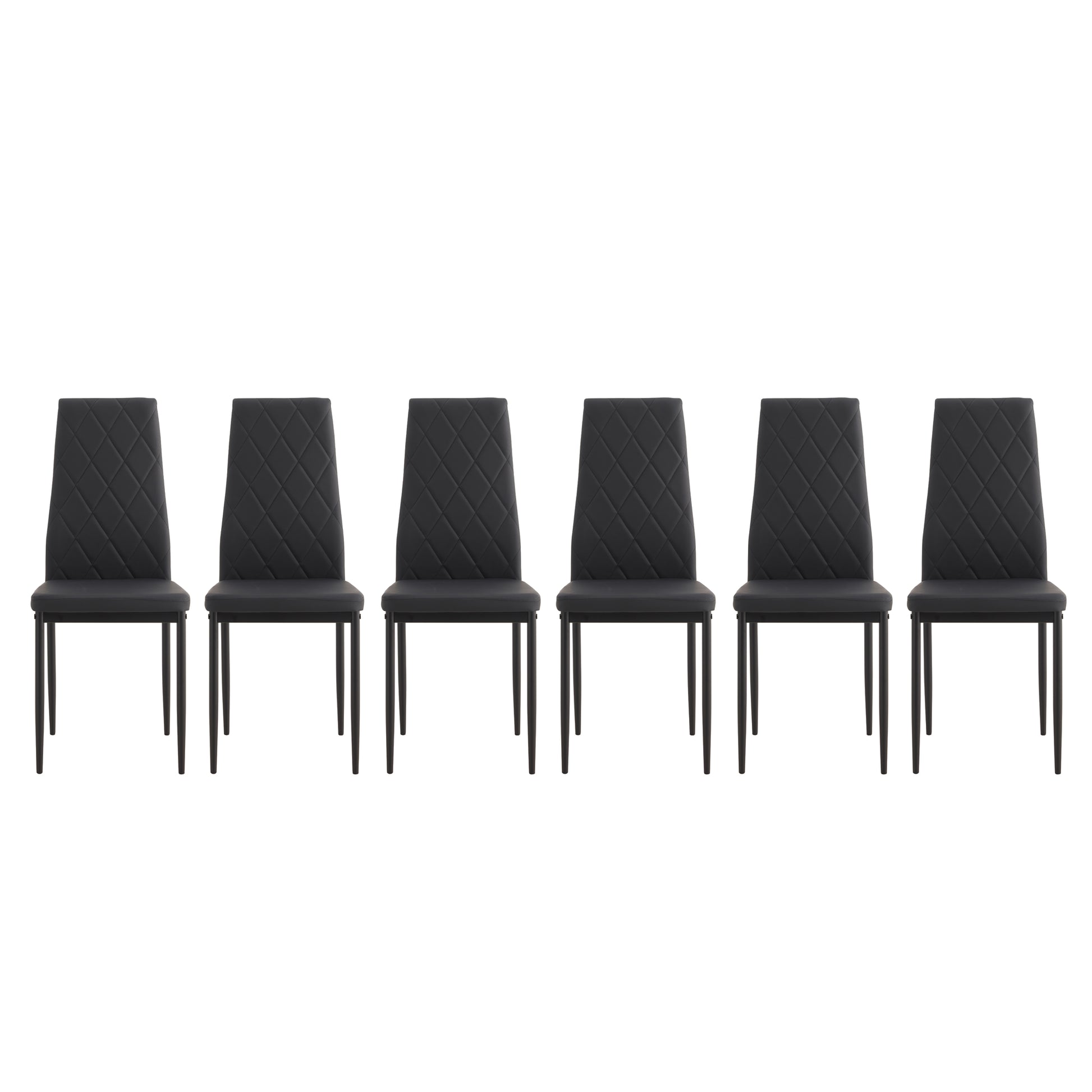 Six black quilted dining chairs with metal legs