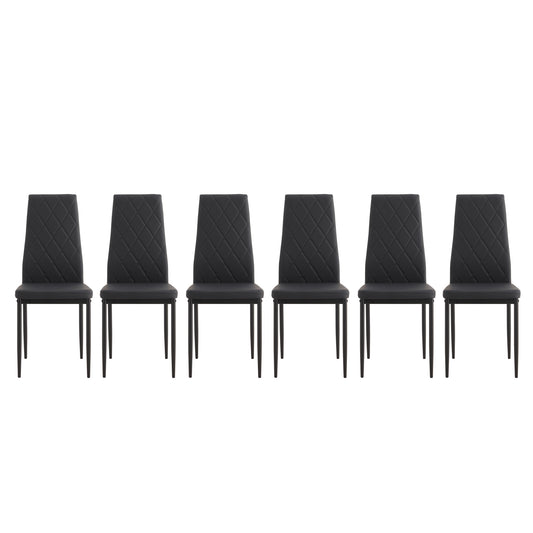Six black quilted dining chairs with metal legs