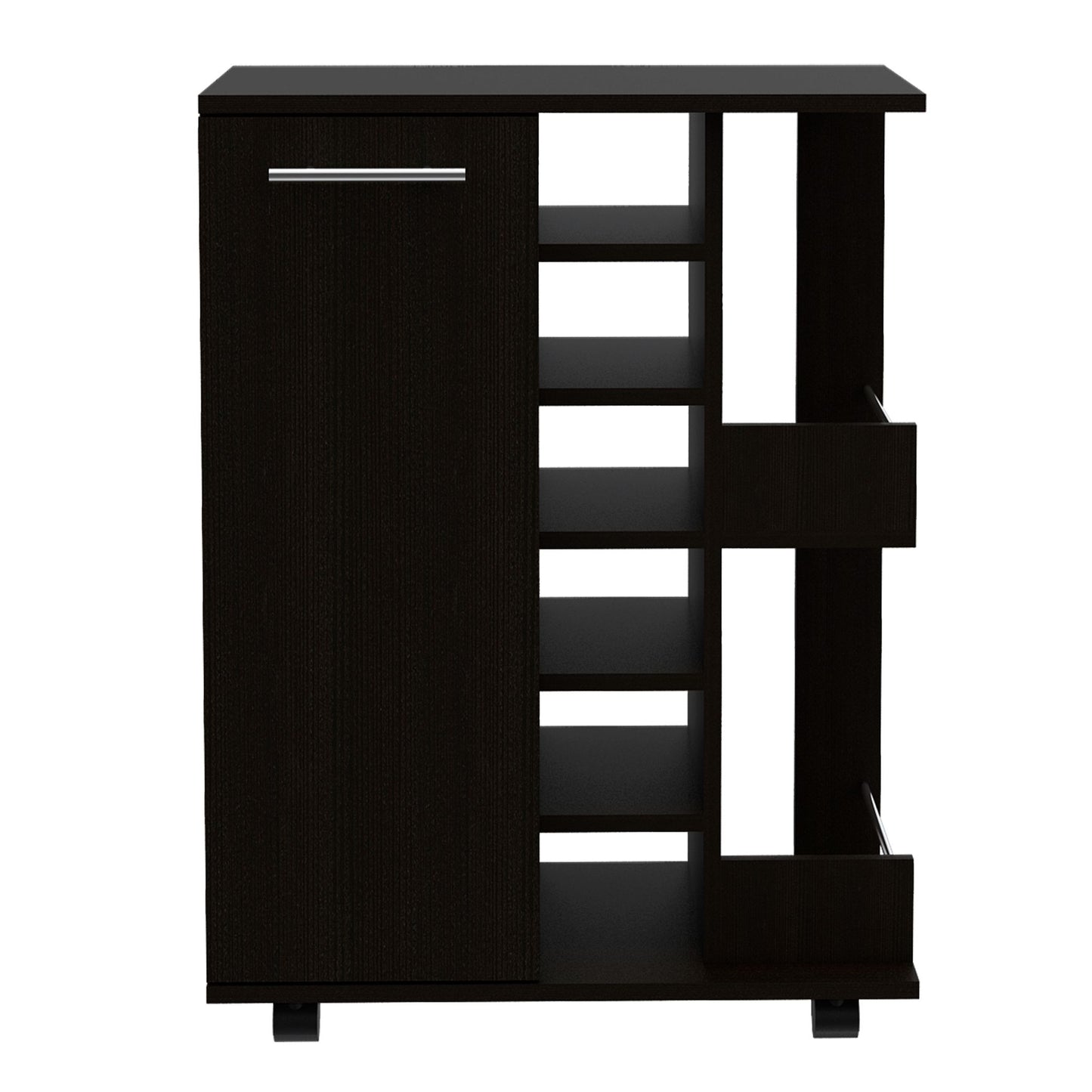 Dark wood media console with open shelving and one cabinet door