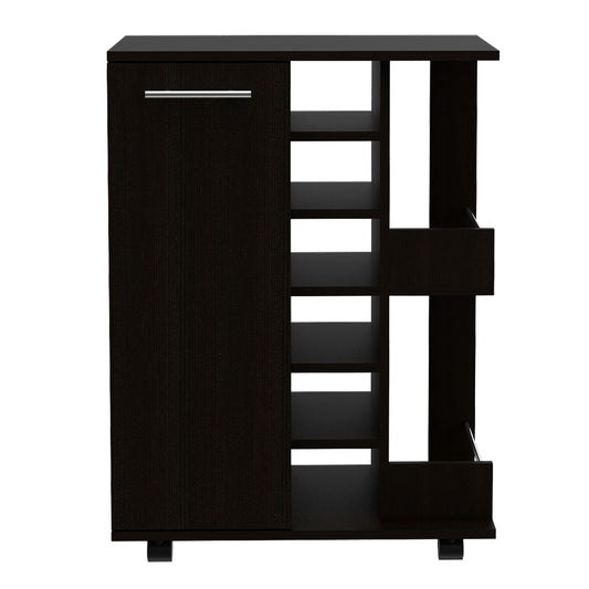 Dark wood media console with open shelving and one cabinet door